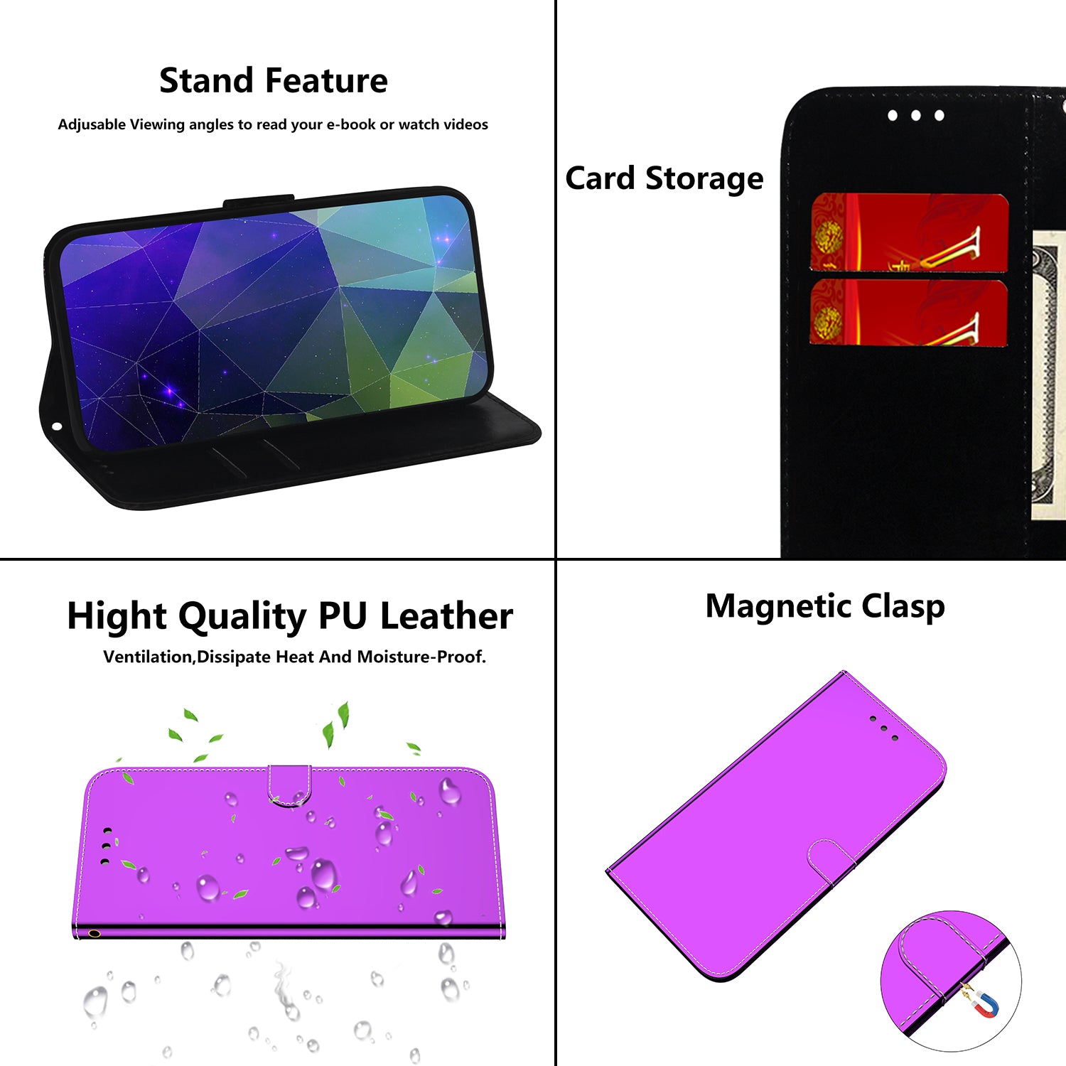 Leather Wallet Cover for Samsung Galaxy M34 5G / F34 5G , Mirror-Like Surface Horizontal Stand Phone Case - Purple