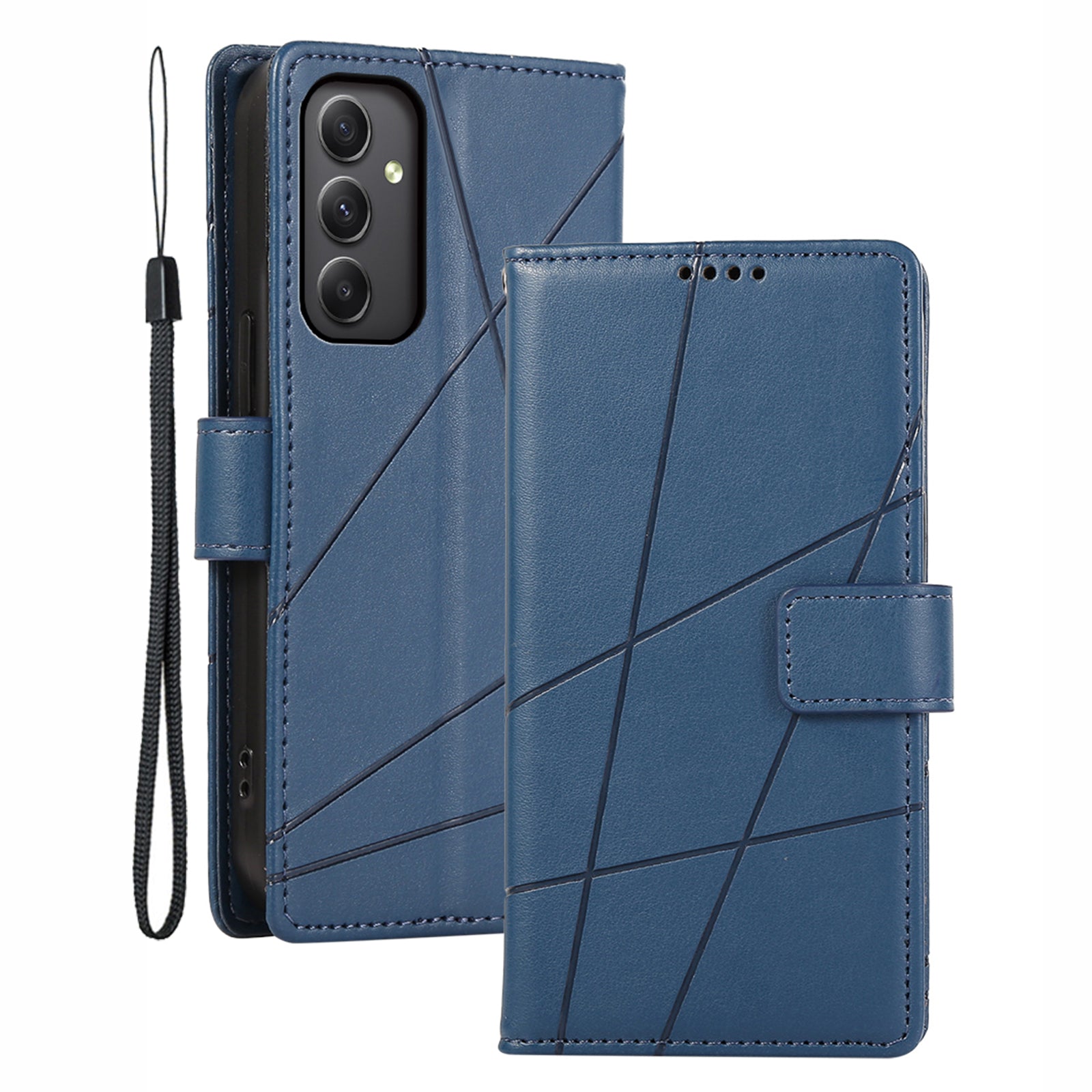 DF-06 For Samsung Galaxy M34 5G / F34 5G Case Lines Imprinted PU Leather Phone Cover with Wrist Strap - Blue