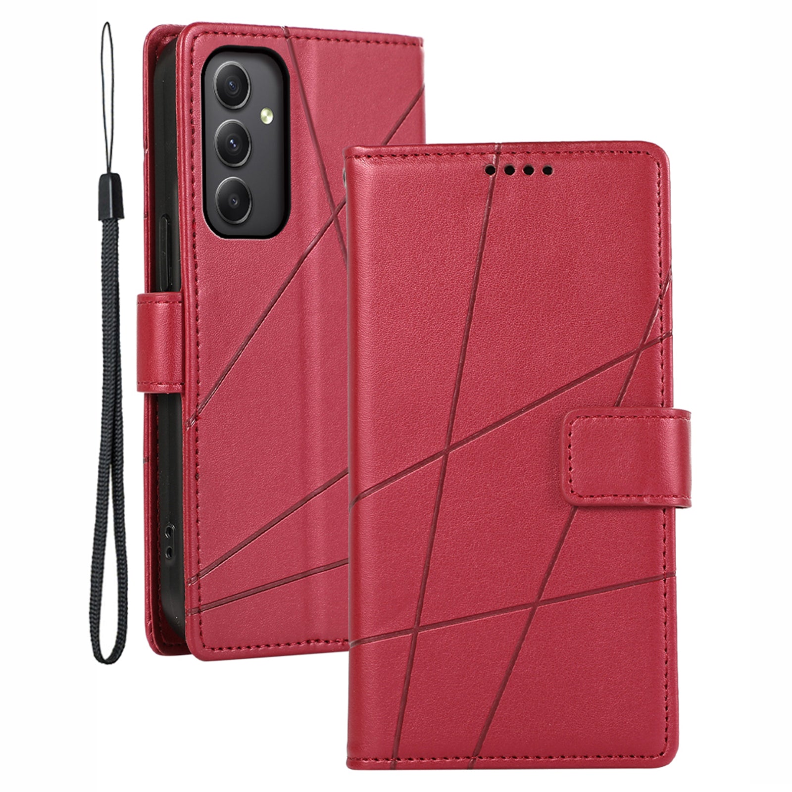 DF-06 For Samsung Galaxy M34 5G / F34 5G Case Lines Imprinted PU Leather Phone Cover with Wrist Strap - Red