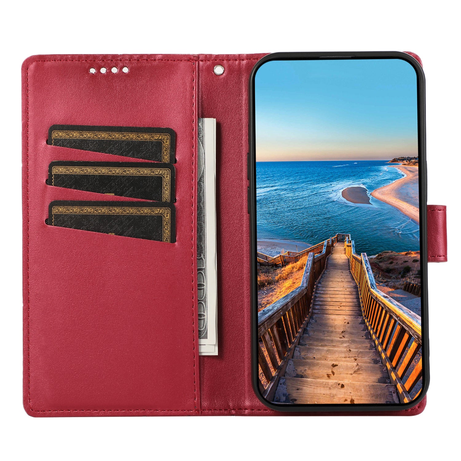 DF-06 For Samsung Galaxy M34 5G / F34 5G Case Lines Imprinted PU Leather Phone Cover with Wrist Strap - Red