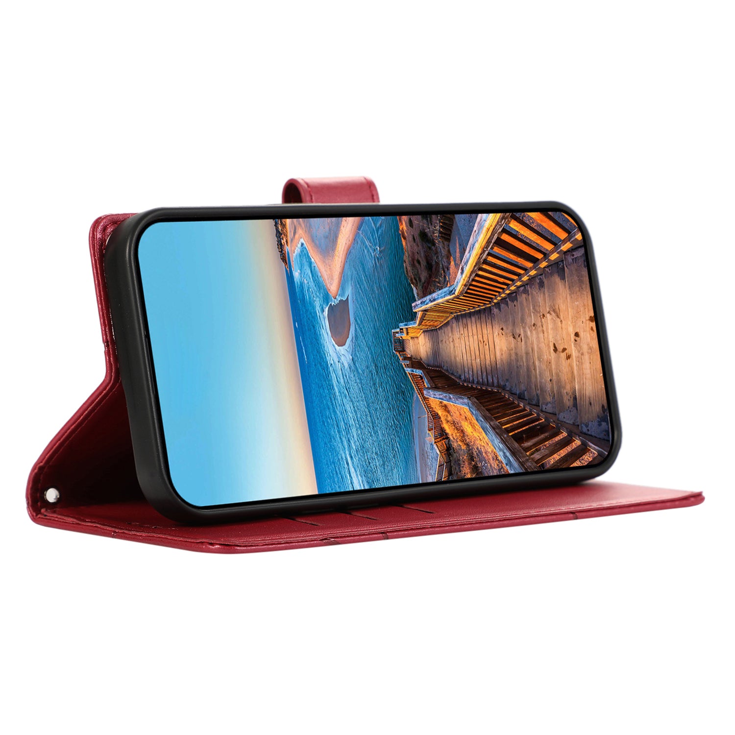 DF-06 For Samsung Galaxy M34 5G / F34 5G Case Lines Imprinted PU Leather Phone Cover with Wrist Strap - Red