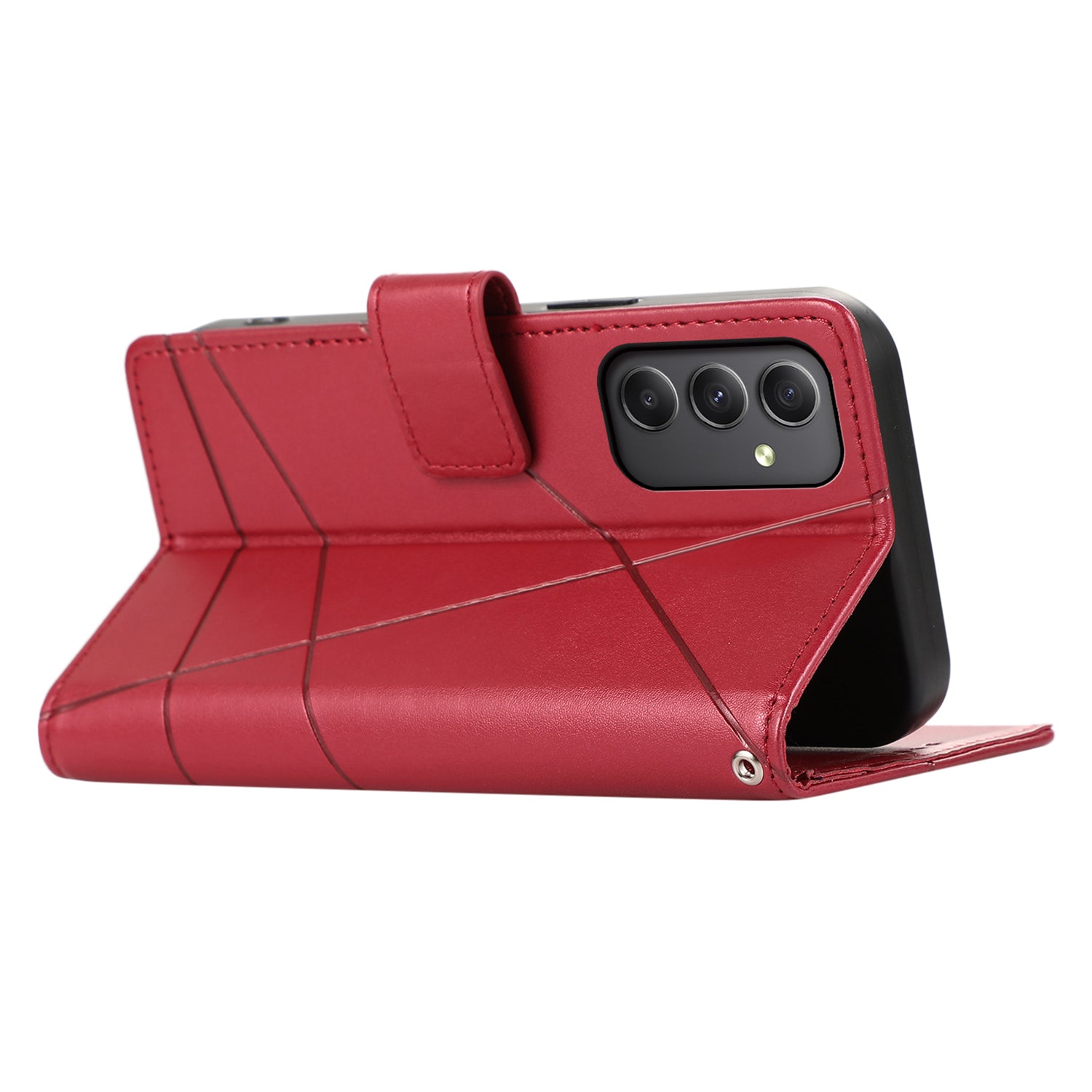 DF-06 For Samsung Galaxy M34 5G / F34 5G Case Lines Imprinted PU Leather Phone Cover with Wrist Strap - Red