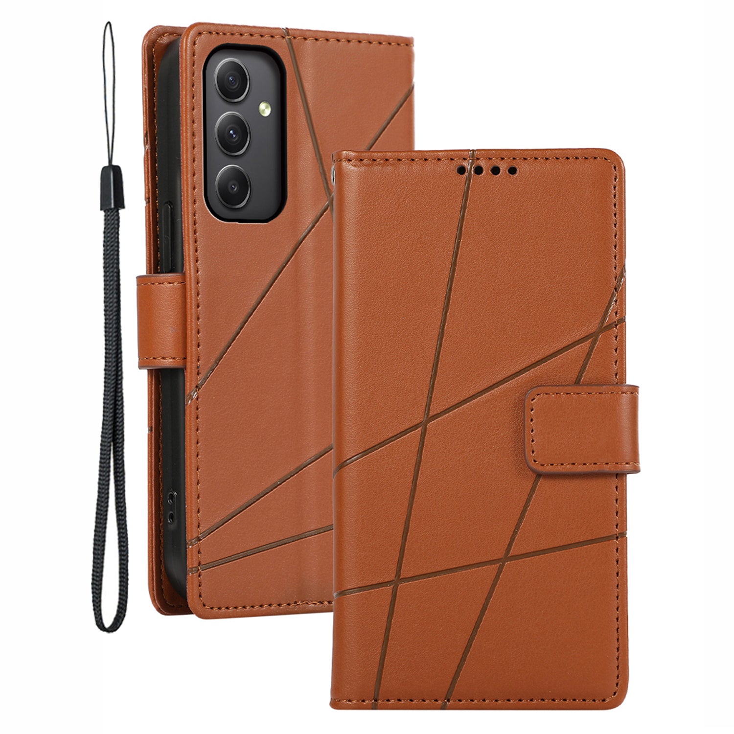 DF-06 For Samsung Galaxy M34 5G / F34 5G Case Lines Imprinted PU Leather Phone Cover with Wrist Strap - Brown