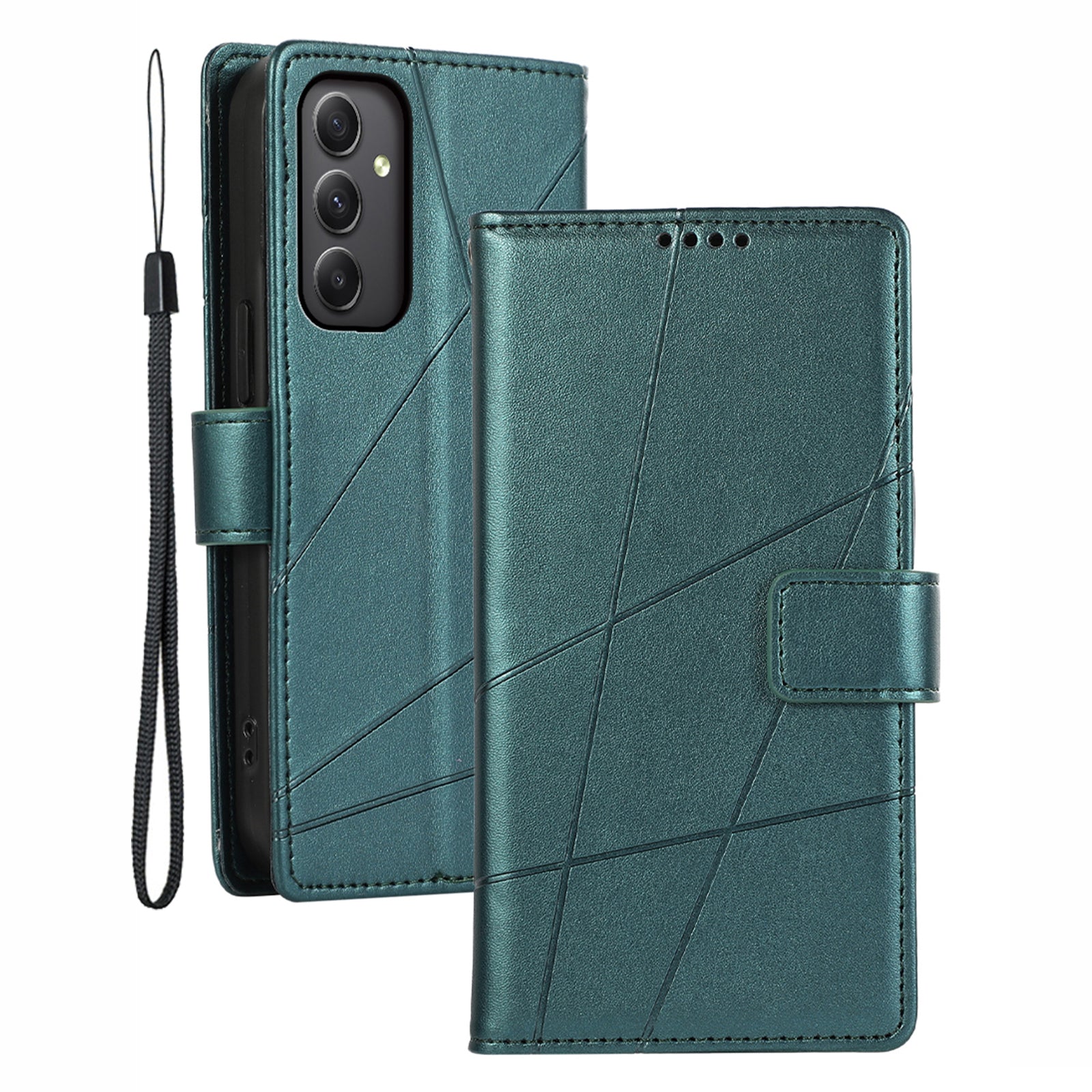 DF-06 For Samsung Galaxy M34 5G / F34 5G Case Lines Imprinted PU Leather Phone Cover with Wrist Strap - Green