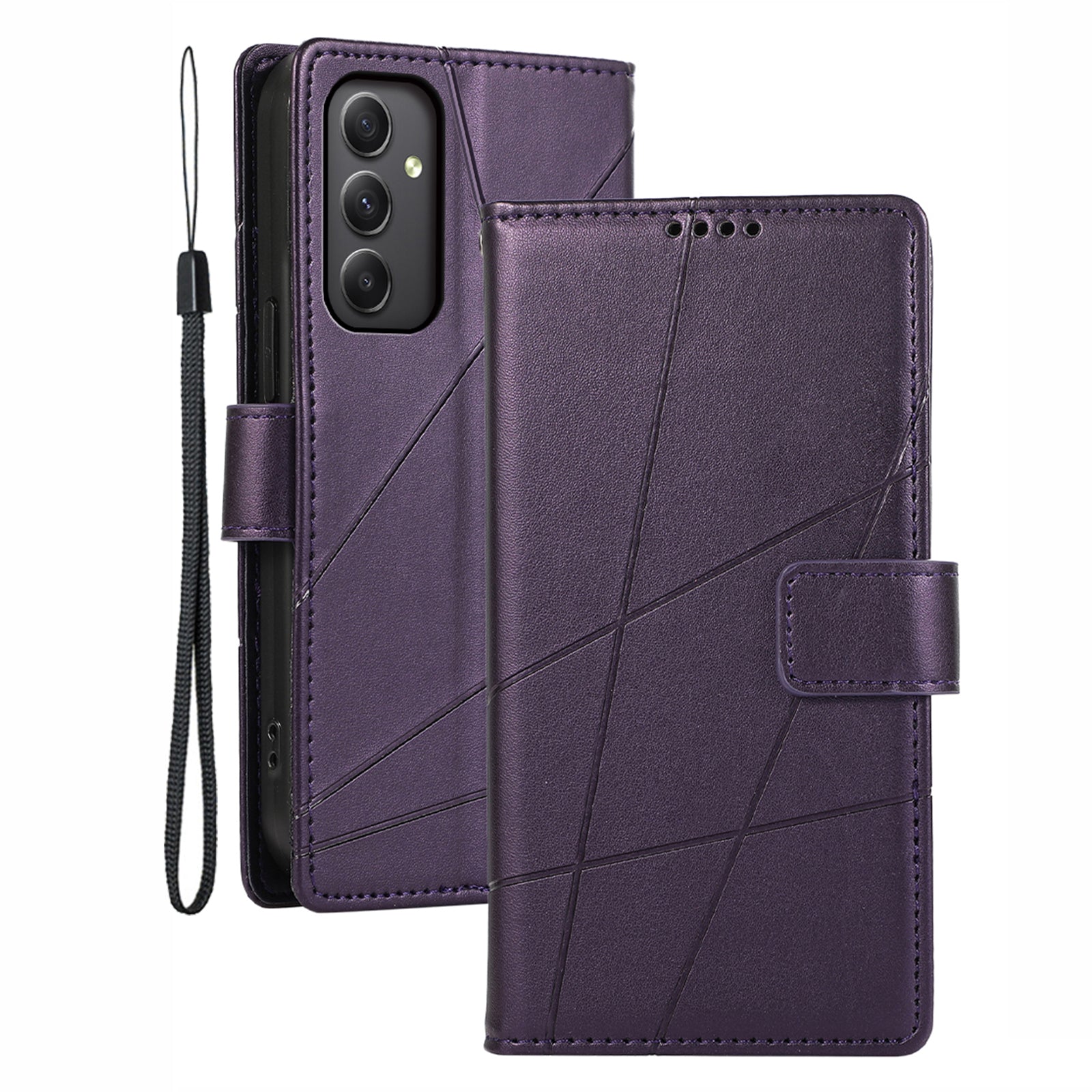 DF-06 For Samsung Galaxy M34 5G / F34 5G Case Lines Imprinted PU Leather Phone Cover with Wrist Strap - Purple