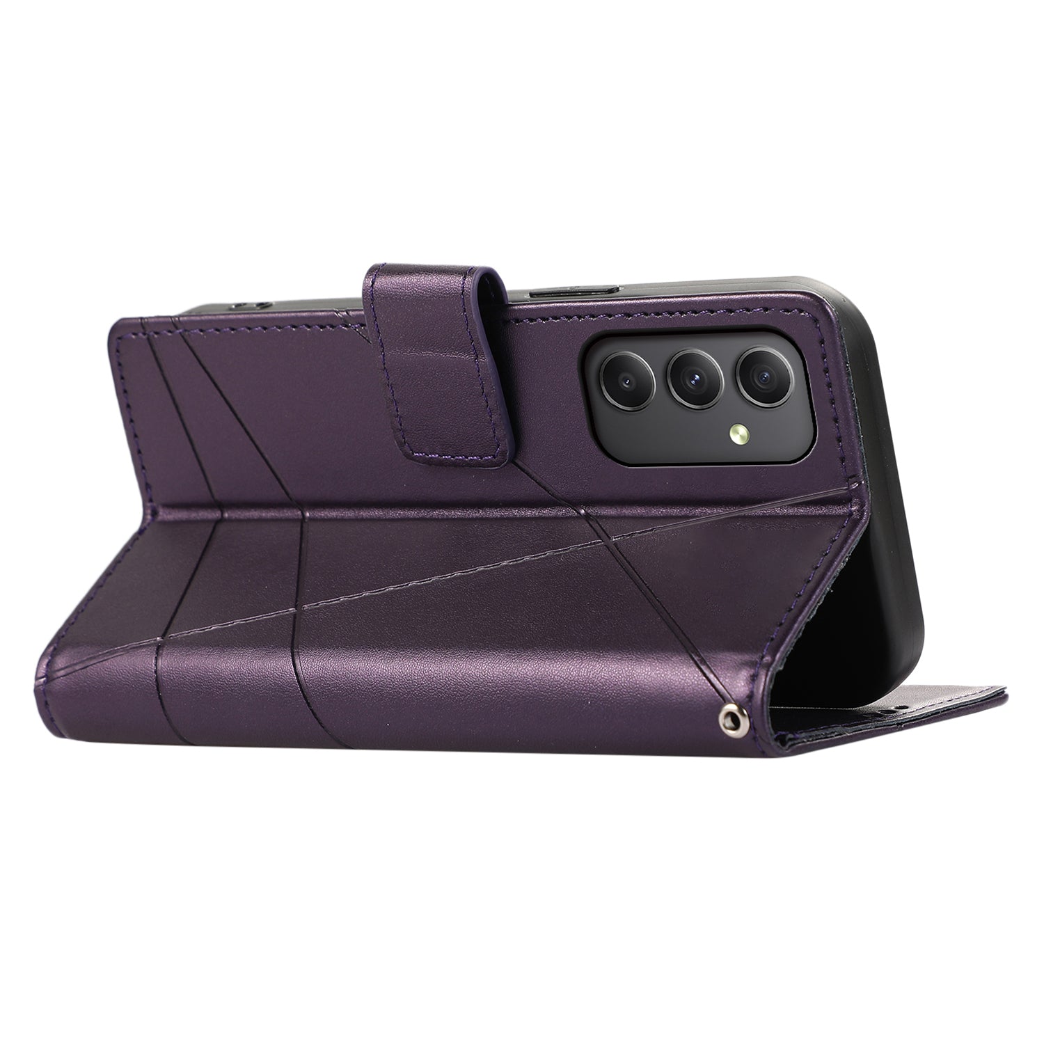 DF-06 For Samsung Galaxy M34 5G / F34 5G Case Lines Imprinted PU Leather Phone Cover with Wrist Strap - Purple