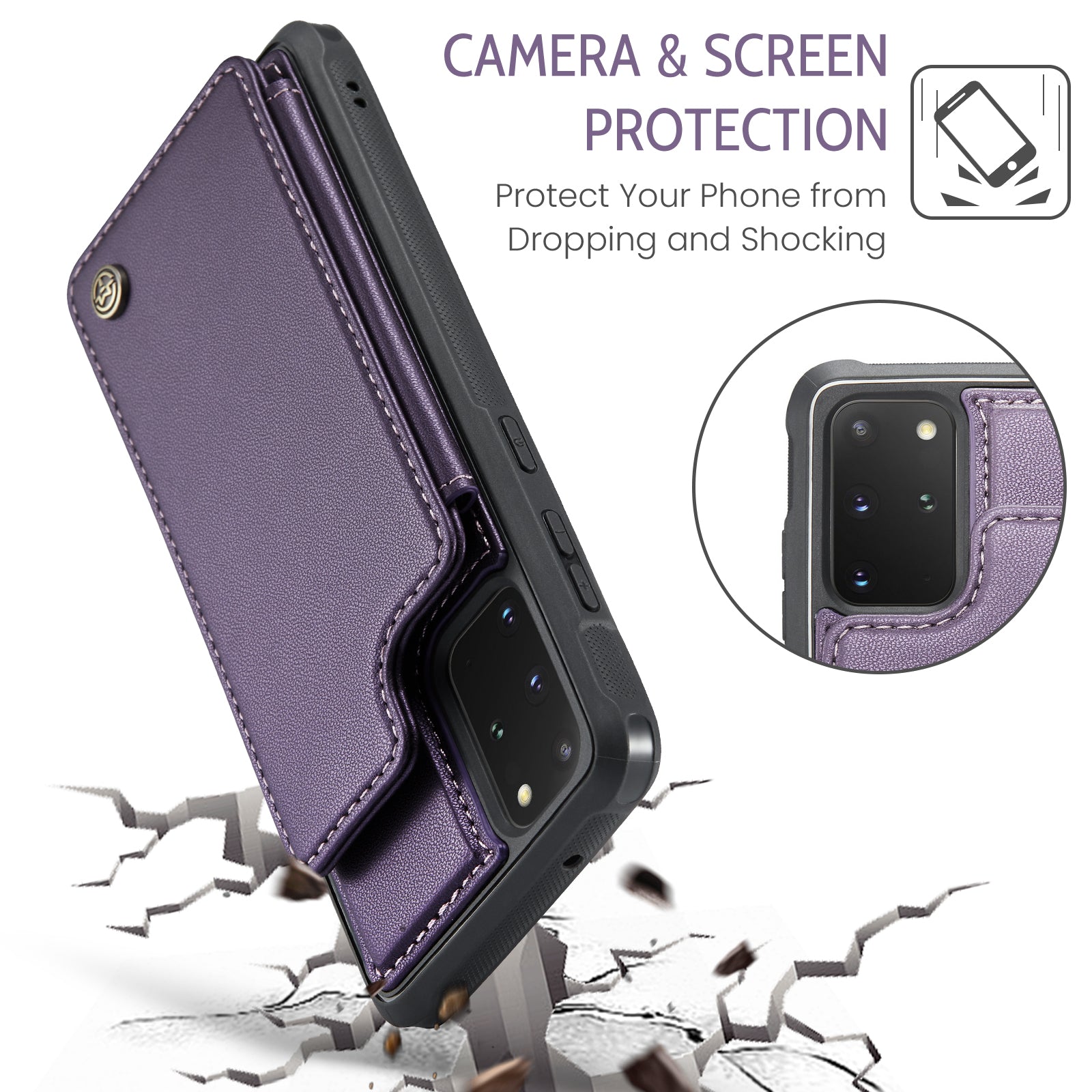 CASEME C22 Series for Samsung Galaxy S20 Plus 4G / 5G Case 5 Card Slots Phone Kickstand Cover - Purple