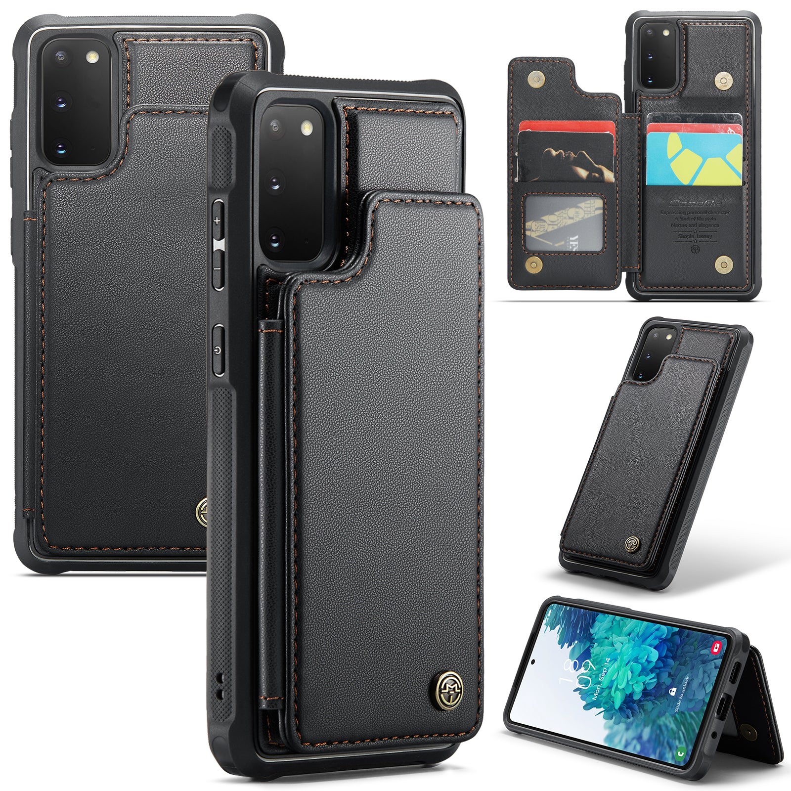 CASEME C22 Series for Samsung Galaxy S20 FE / FE 5G / S20 Lite / S20 FE 2022 Phone Case with 5 Card Slots Kickstand - Black