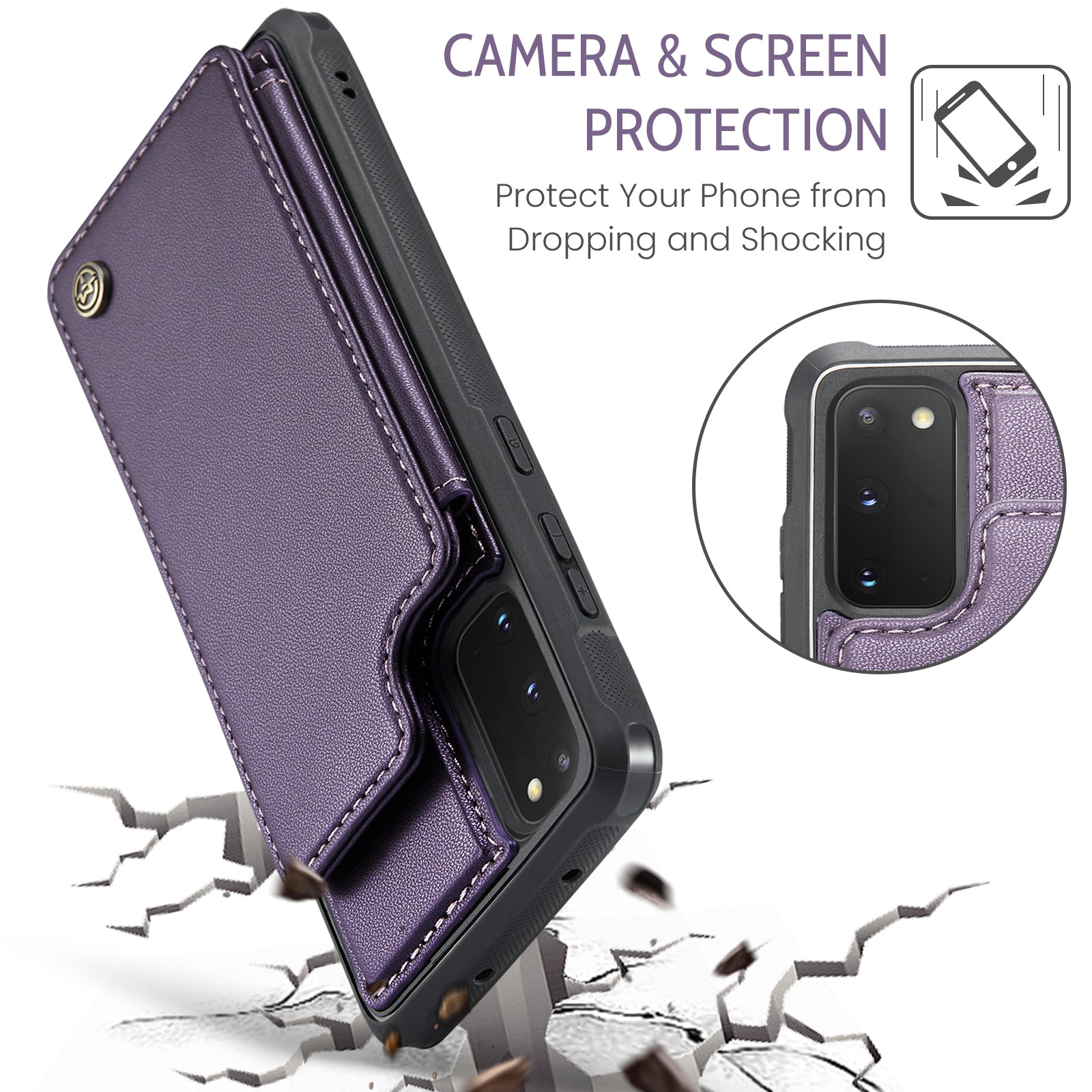 CASEME C22 Series for Samsung Galaxy S20 FE / FE 5G / S20 Lite / S20 FE 2022 Phone Case with 5 Card Slots Kickstand - Purple