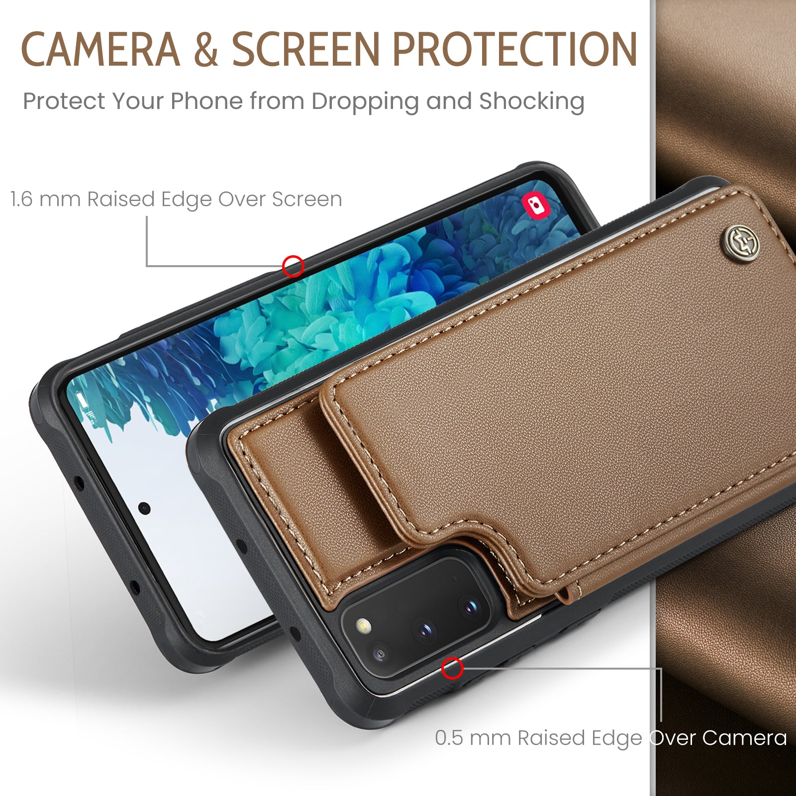 CASEME C22 Series for Samsung Galaxy S20 FE / FE 5G / S20 Lite / S20 FE 2022 Phone Case with 5 Card Slots Kickstand - Brown