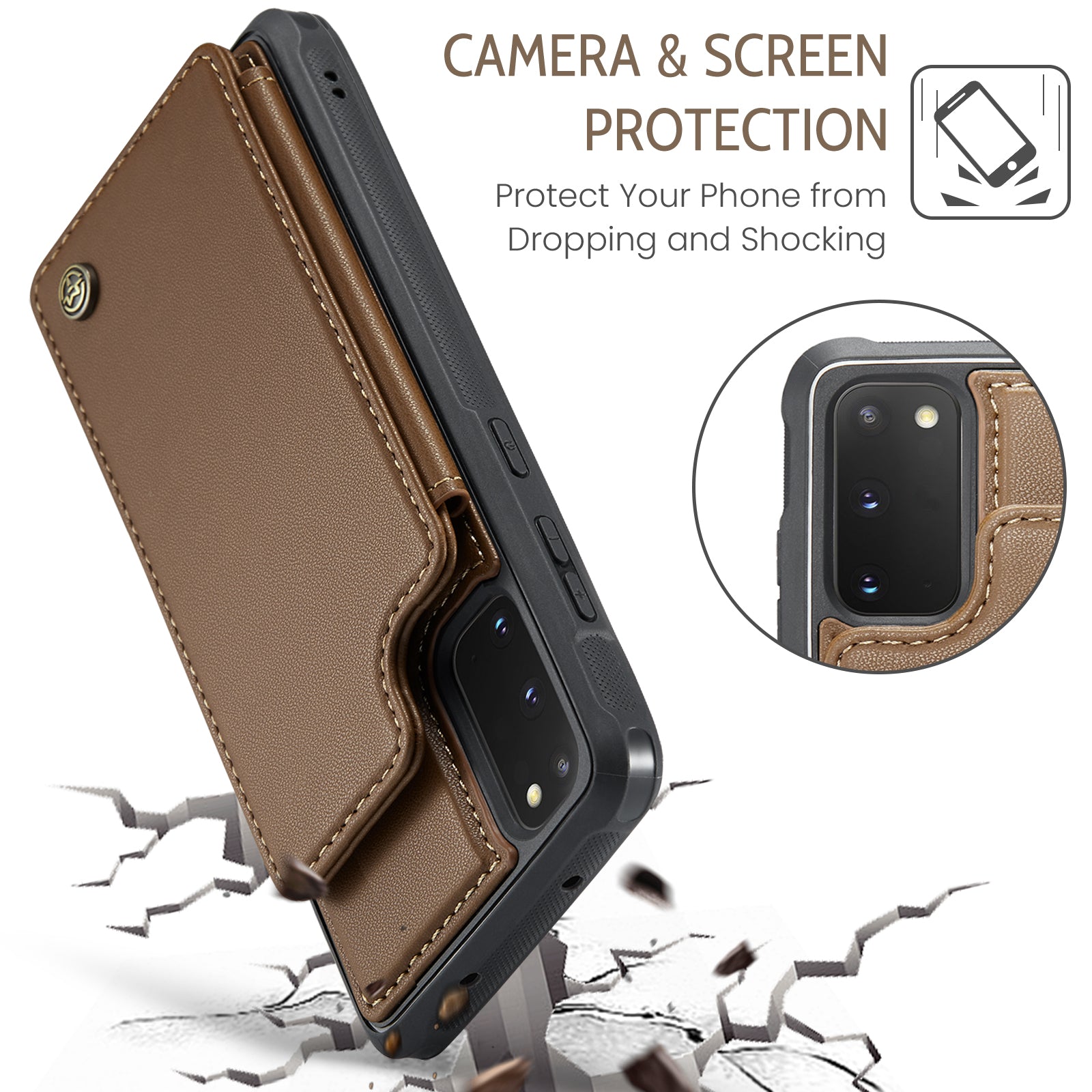 CASEME C22 Series for Samsung Galaxy S20 FE / FE 5G / S20 Lite / S20 FE 2022 Phone Case with 5 Card Slots Kickstand - Brown