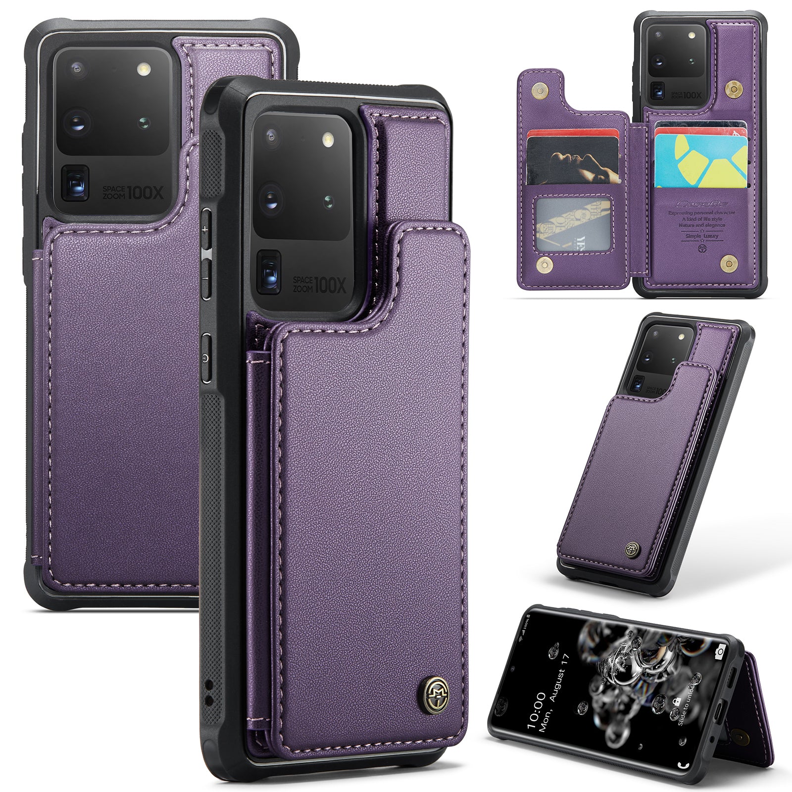 CASEME C22 Series for Samsung Galaxy S20 Ultra Case Leather+TPU Phone Cover with 5 Card Slots - Purple