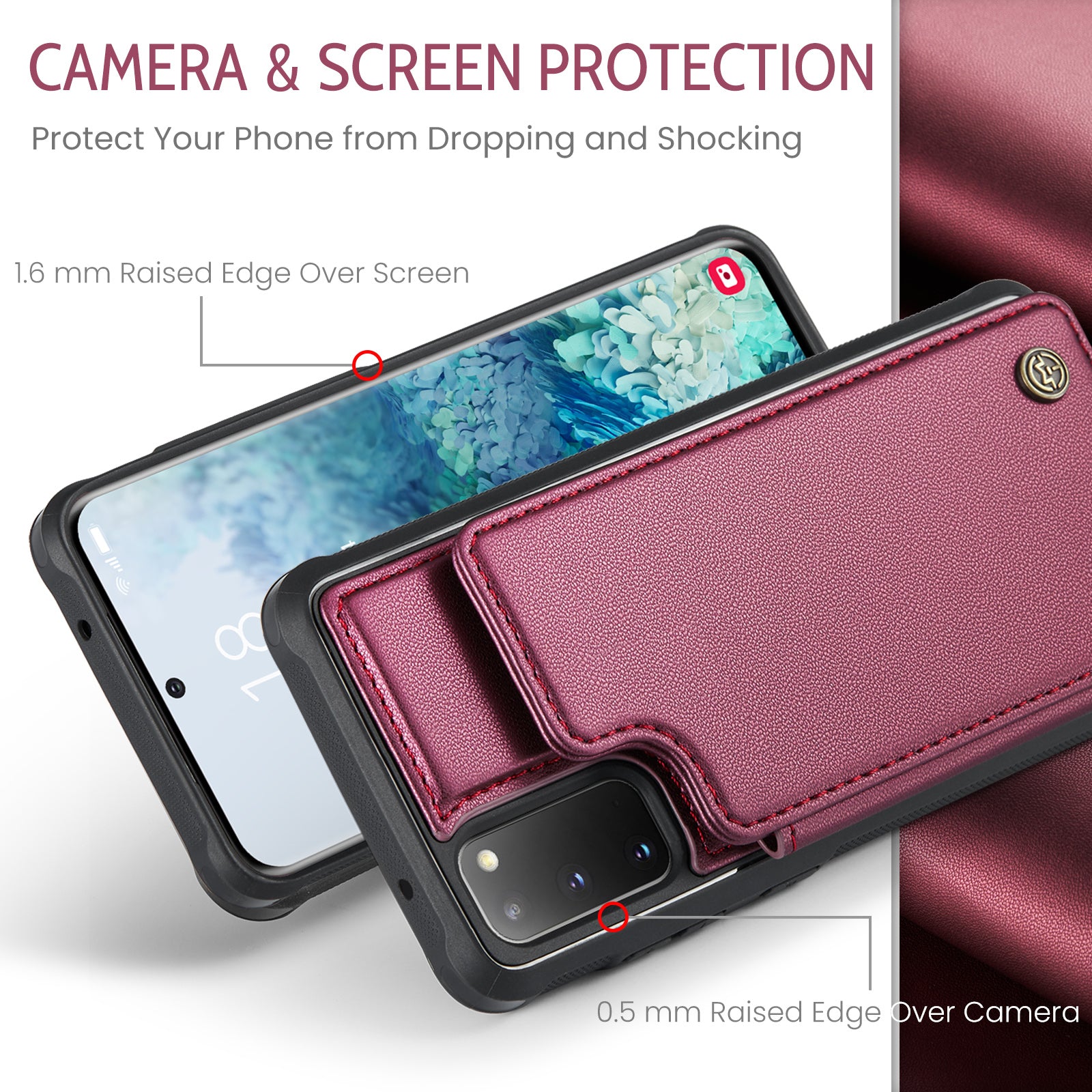 CASEME C22 Series for Samsung Galaxy S20 4G / 5G Case Card Holder Kickstand Leather+TPU Cover - Red