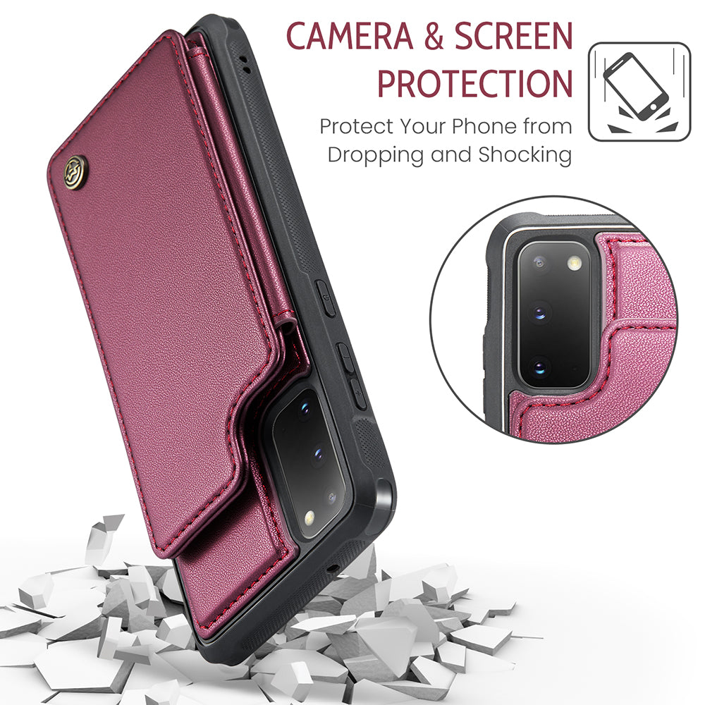 CASEME C22 Series for Samsung Galaxy S20 4G / 5G Case Card Holder Kickstand Leather+TPU Cover - Red