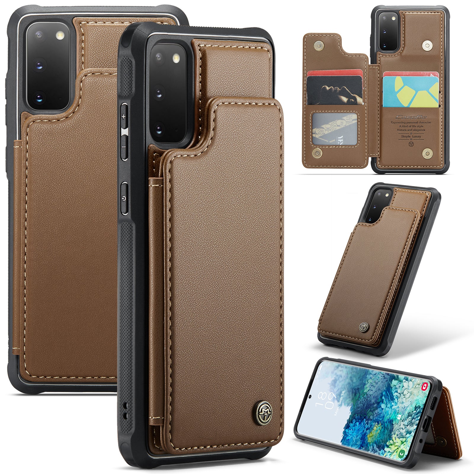 CASEME C22 Series for Samsung Galaxy S20 4G / 5G Case Card Holder Kickstand Leather+TPU Cover - Brown