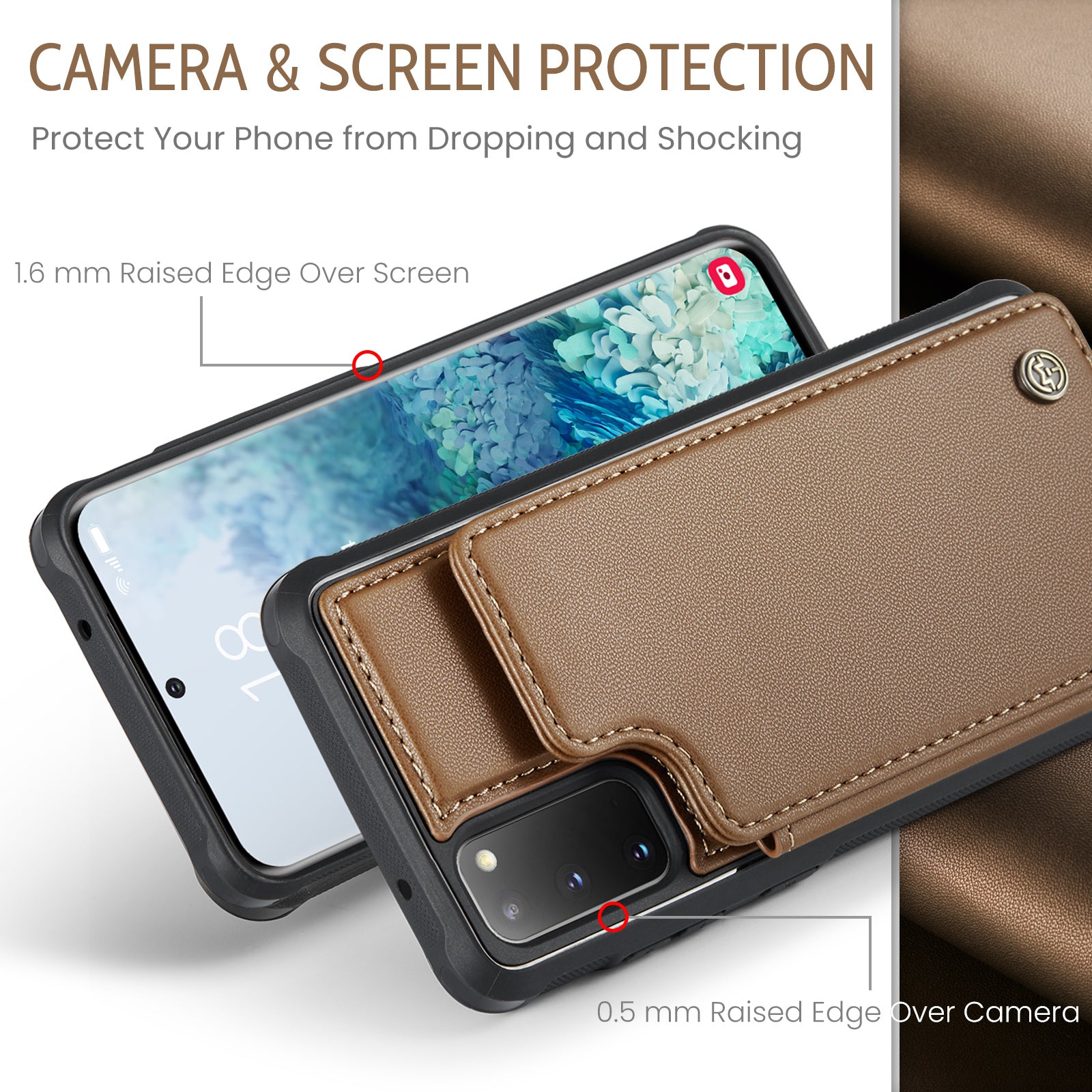 CASEME C22 Series for Samsung Galaxy S20 4G / 5G Case Card Holder Kickstand Leather+TPU Cover - Brown