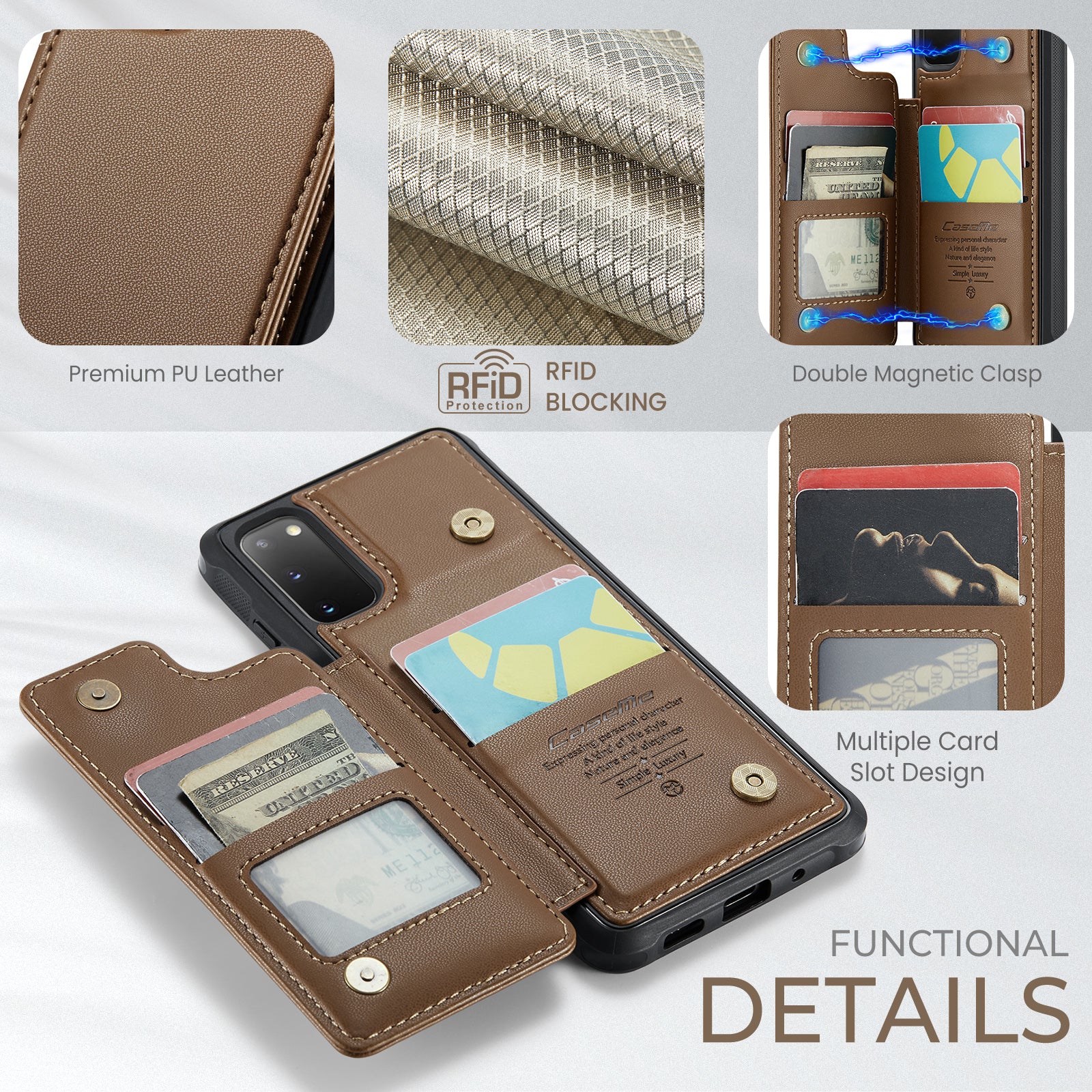 CASEME C22 Series for Samsung Galaxy S20 4G / 5G Case Card Holder Kickstand Leather+TPU Cover - Brown