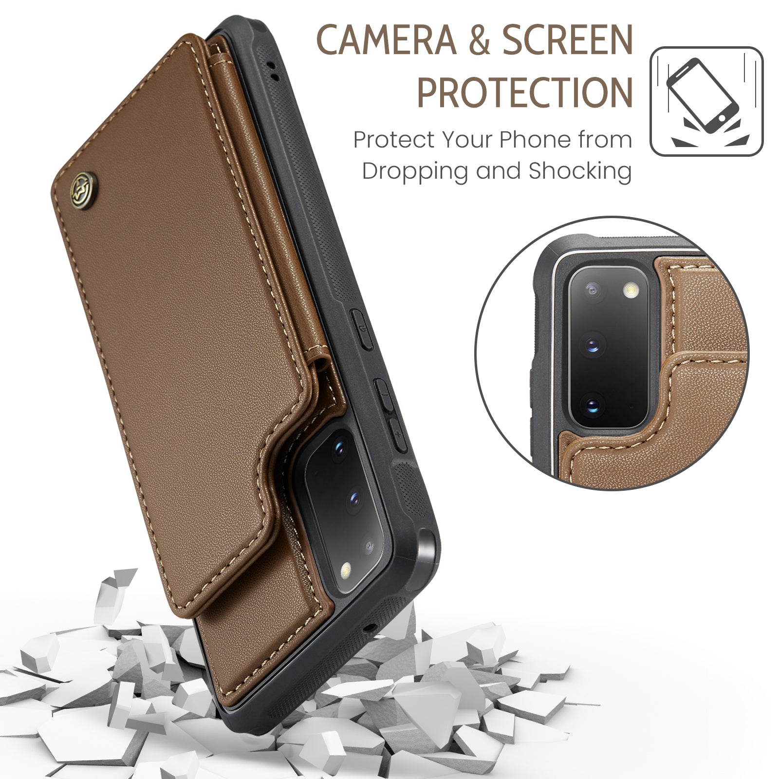 CASEME C22 Series for Samsung Galaxy S20 4G / 5G Case Card Holder Kickstand Leather+TPU Cover - Brown