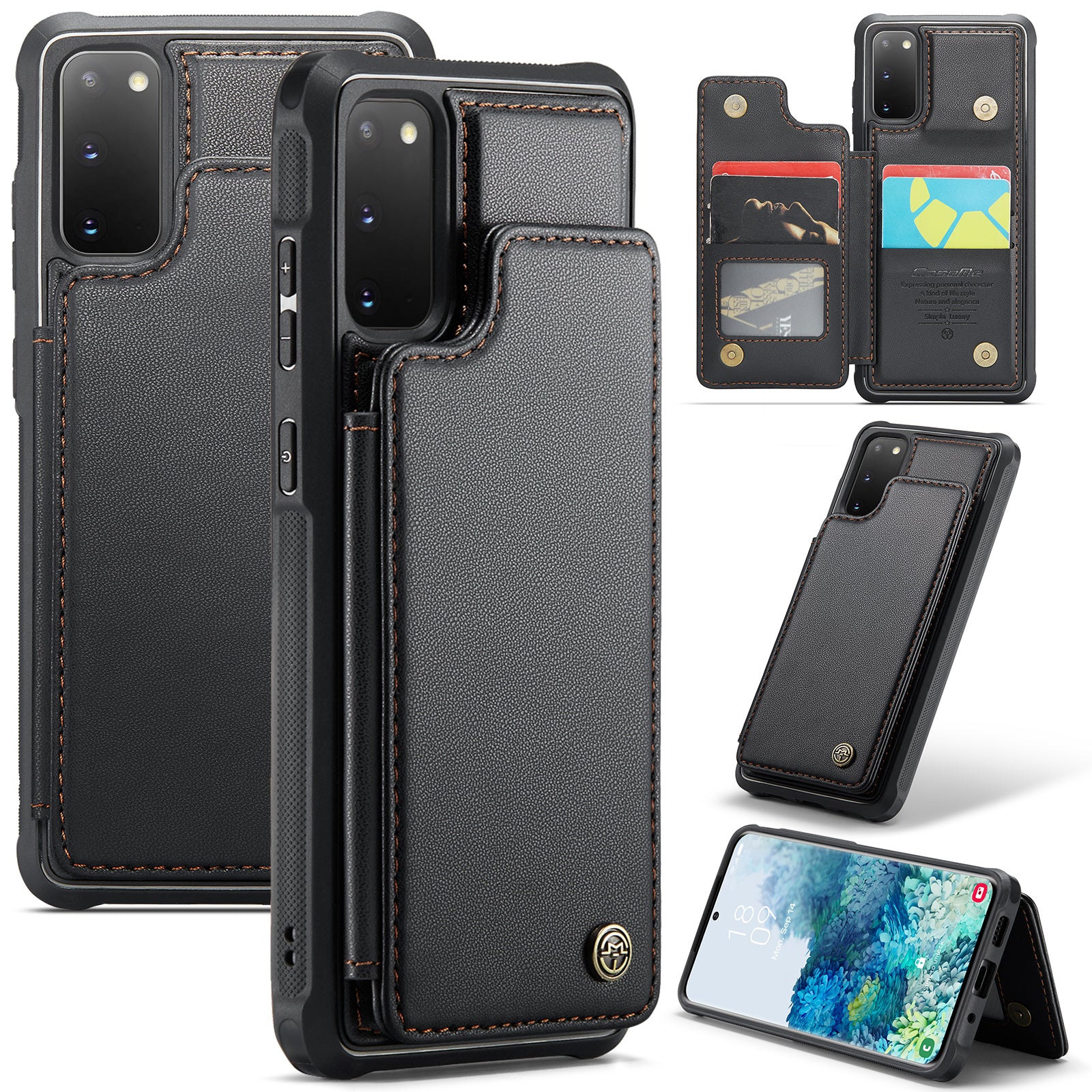 CASEME C22 Series for Samsung Galaxy S20 4G / 5G Case Card Holder Kickstand Leather+TPU Cover - Black