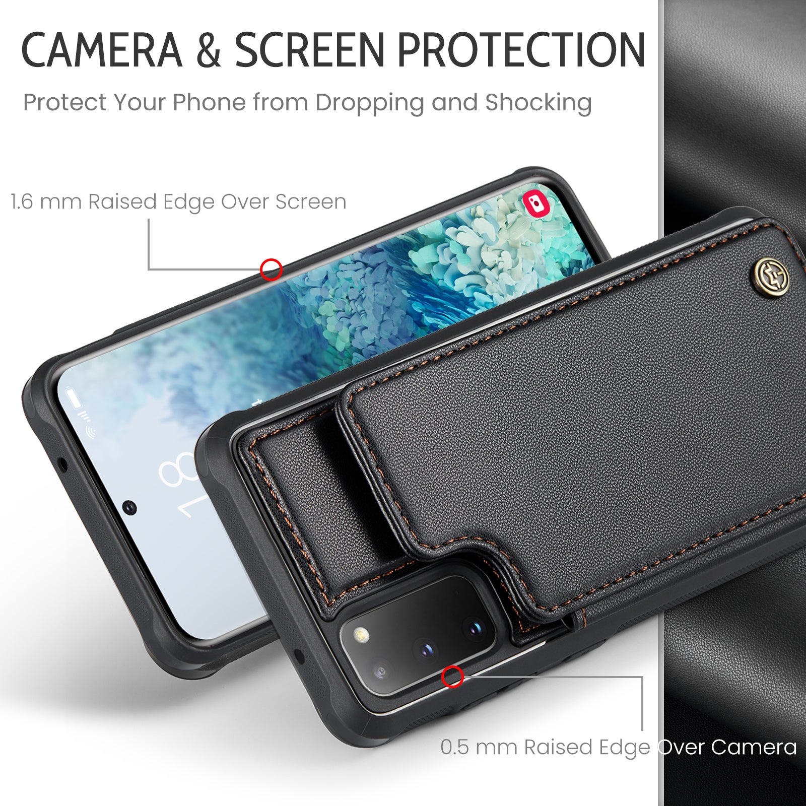 CASEME C22 Series for Samsung Galaxy S20 4G / 5G Case Card Holder Kickstand Leather+TPU Cover - Black