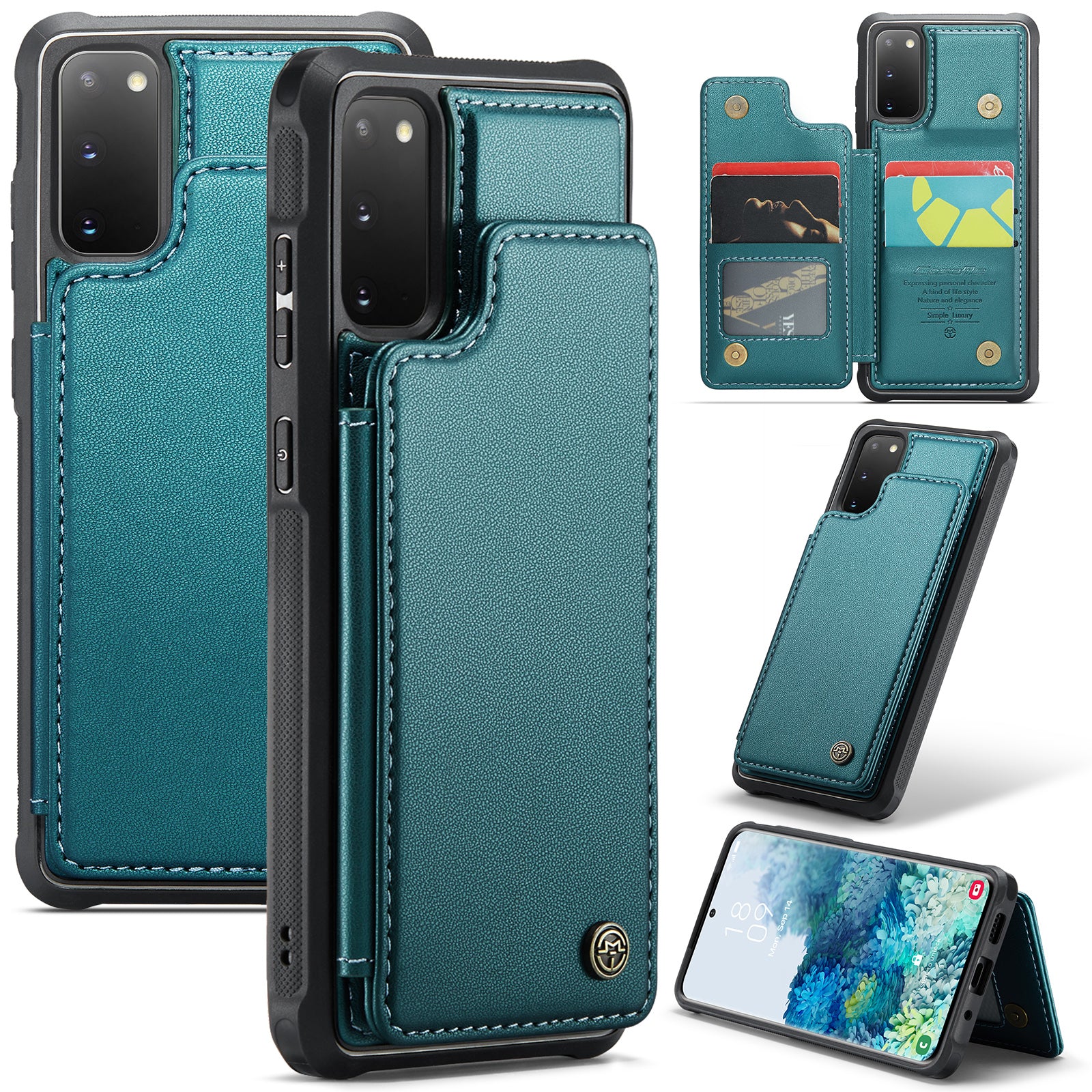 CASEME C22 Series for Samsung Galaxy S20 4G / 5G Case Card Holder Kickstand Leather+TPU Cover - Green