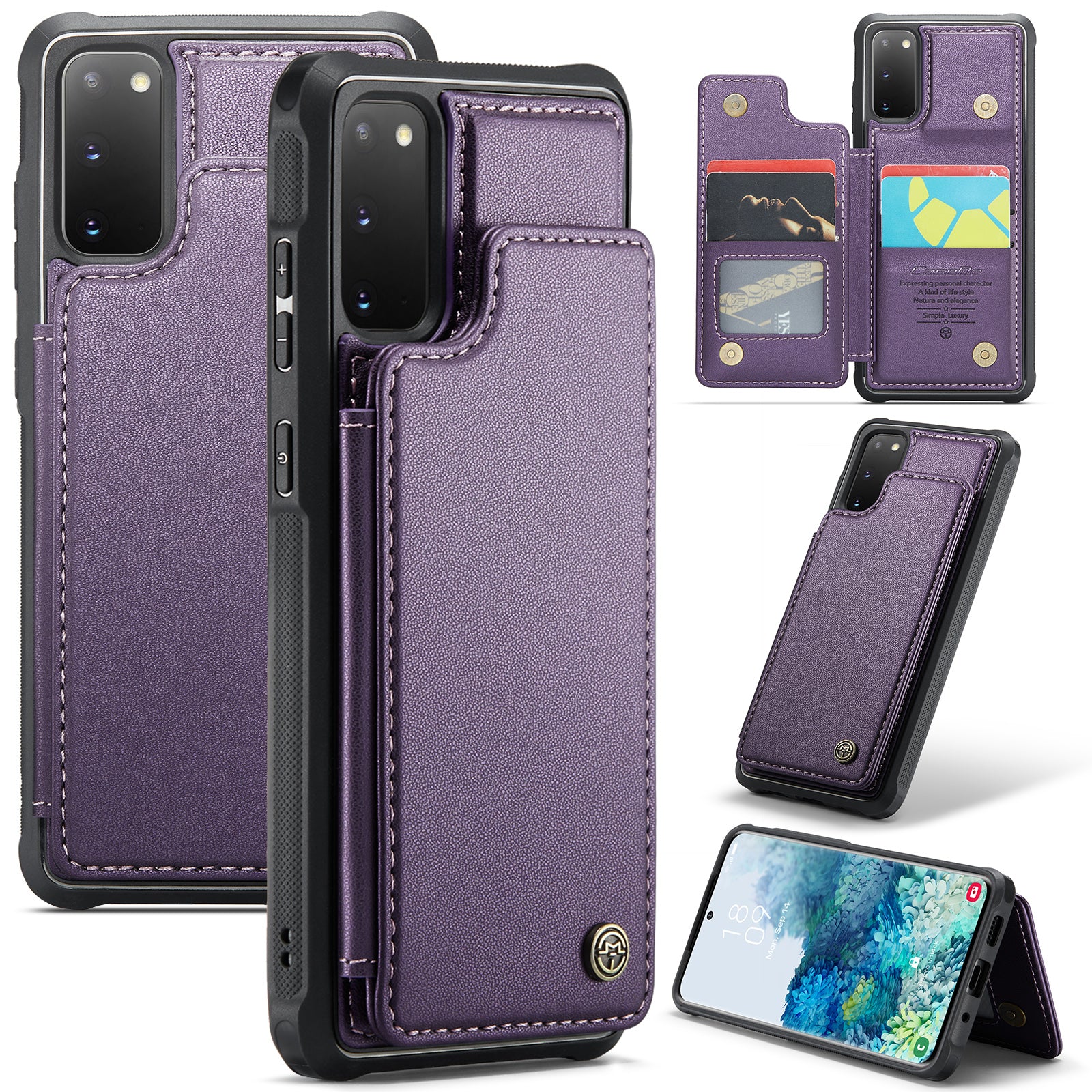 CASEME C22 Series for Samsung Galaxy S20 4G / 5G Case Card Holder Kickstand Leather+TPU Cover - Purple