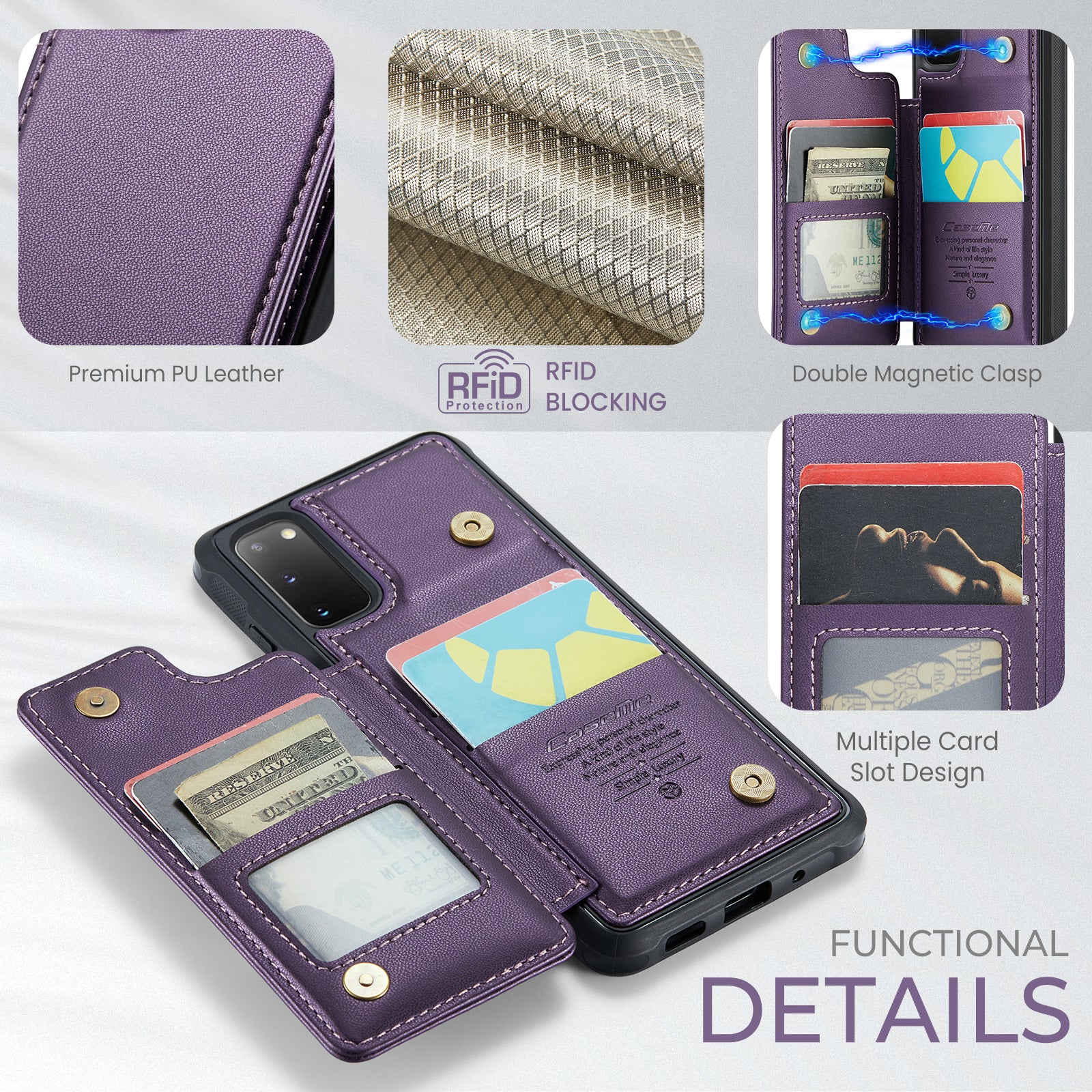 CASEME C22 Series for Samsung Galaxy S20 4G / 5G Case Card Holder Kickstand Leather+TPU Cover - Purple