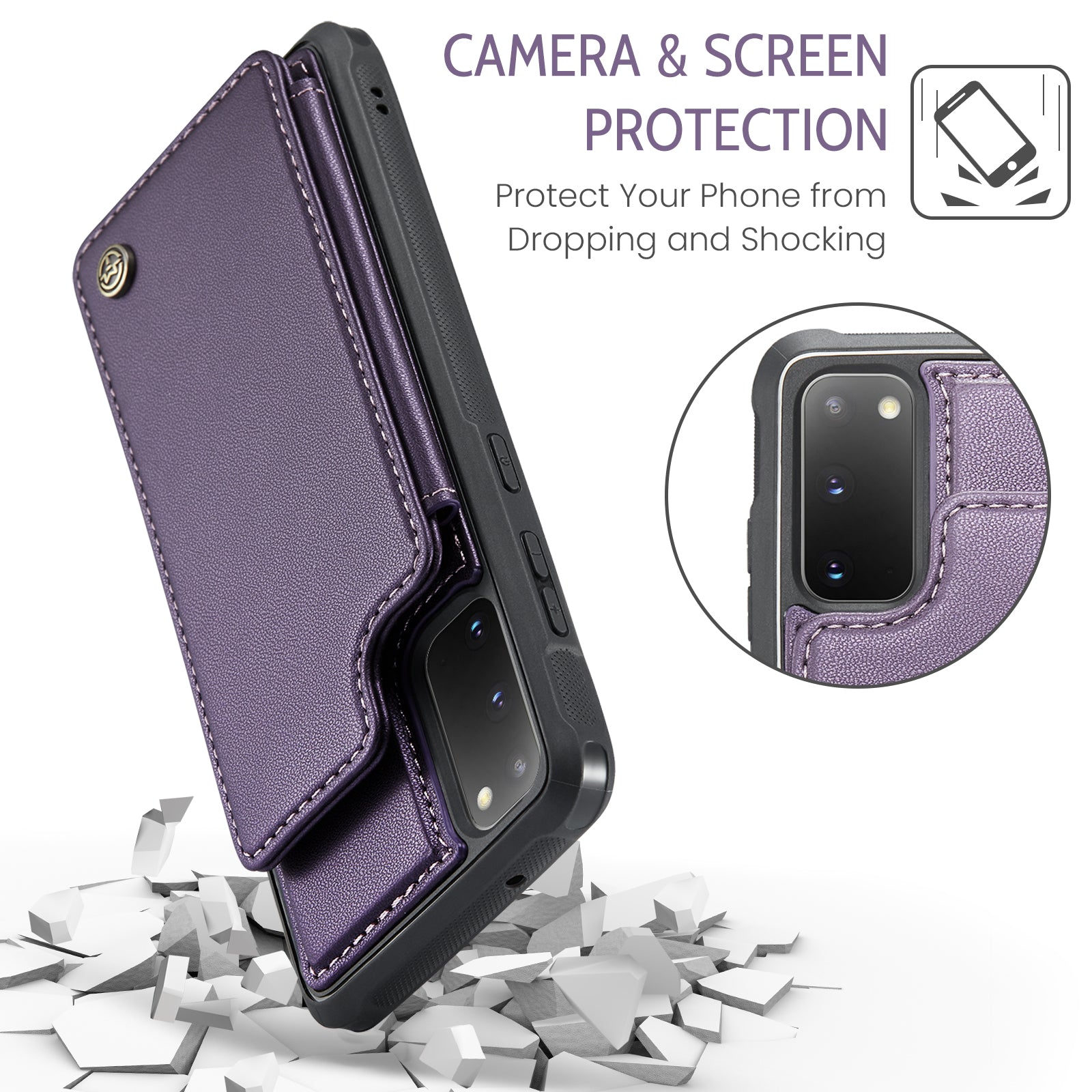 CASEME C22 Series for Samsung Galaxy S20 4G / 5G Case Card Holder Kickstand Leather+TPU Cover - Purple