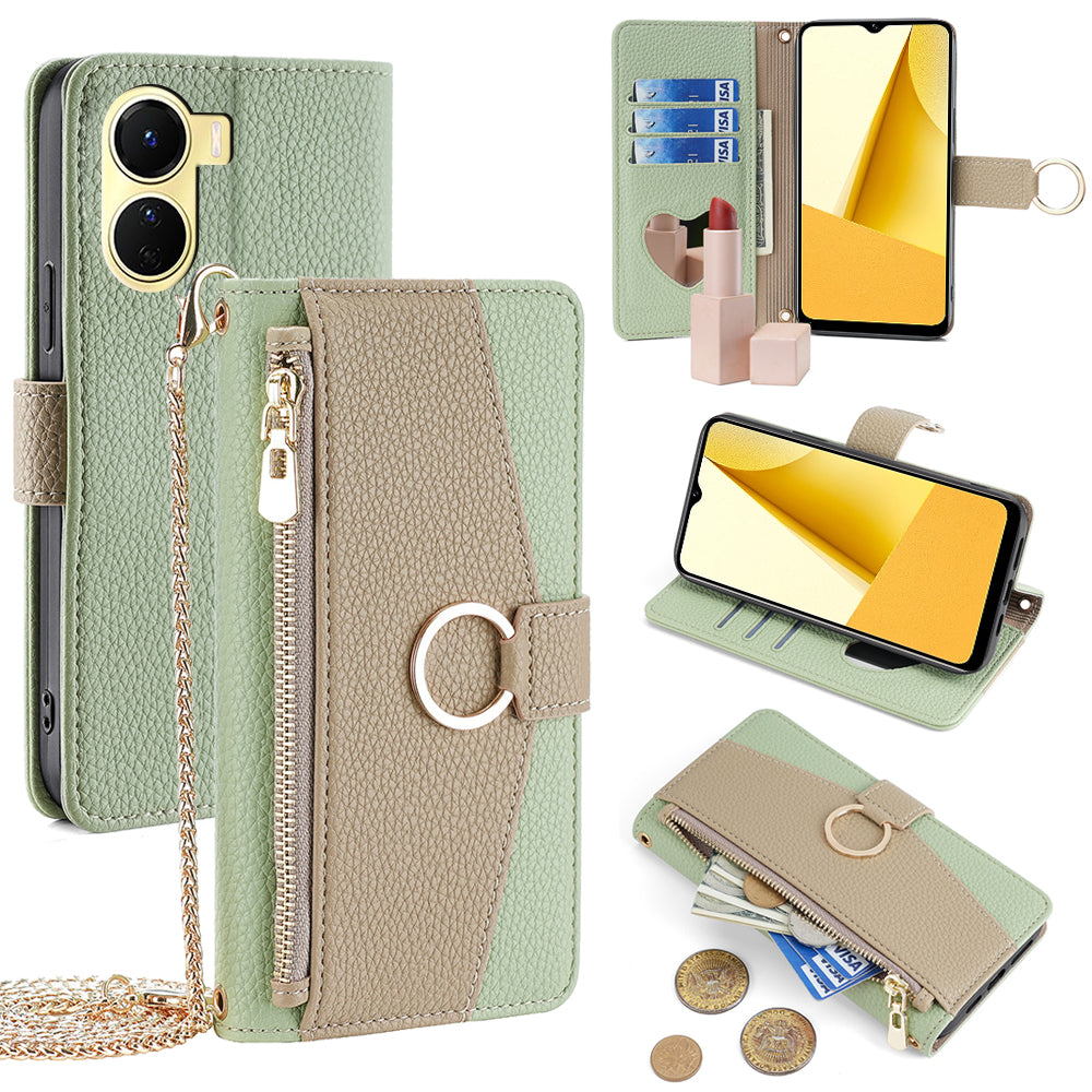 For vivo Y16 4G / Y02s 4G Case Wallet Phone Leather Cover with Chain Shoulder Strap - Green