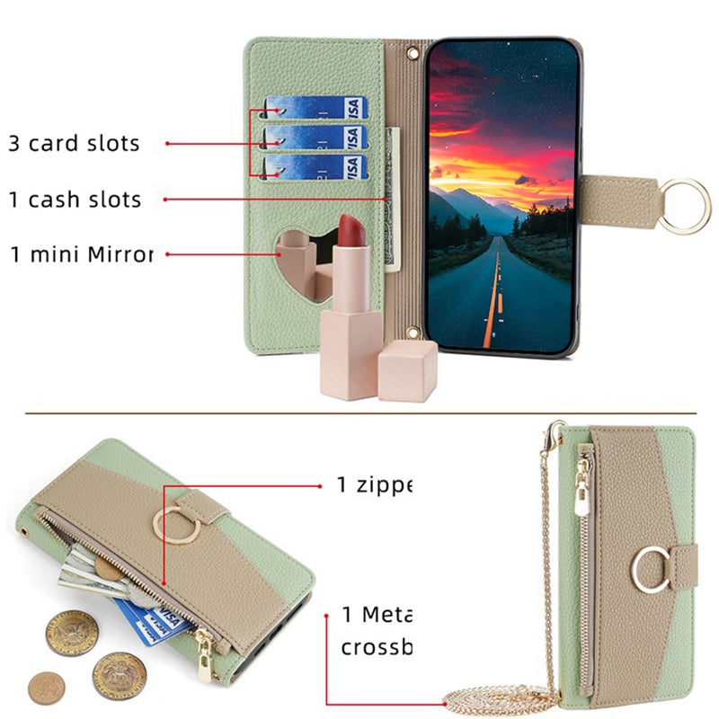 For vivo Y16 4G / Y02s 4G Case Wallet Phone Leather Cover with Chain Shoulder Strap - Green