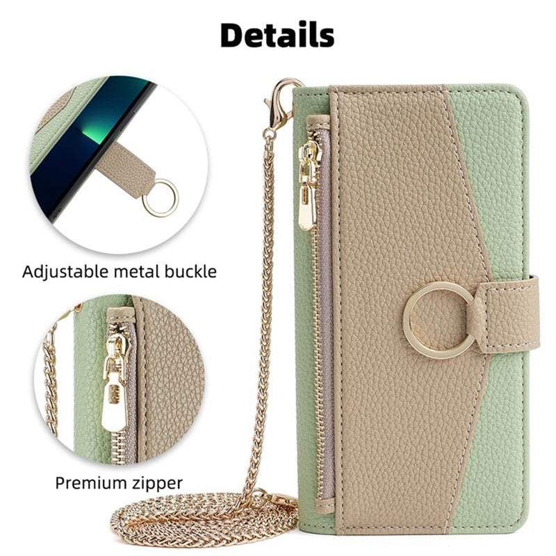 For vivo Y16 4G / Y02s 4G Case Wallet Phone Leather Cover with Chain Shoulder Strap - Green