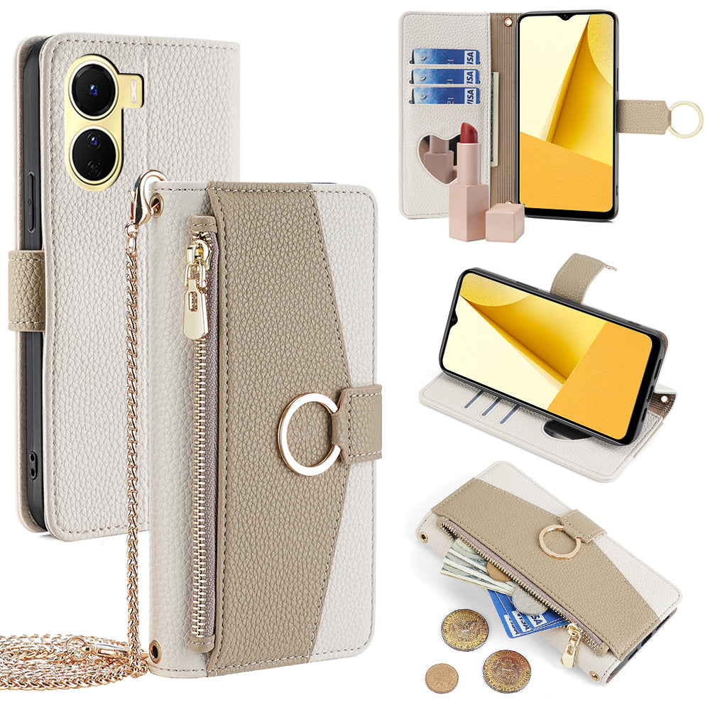 For vivo Y16 4G / Y02s 4G Case Wallet Phone Leather Cover with Chain Shoulder Strap - White