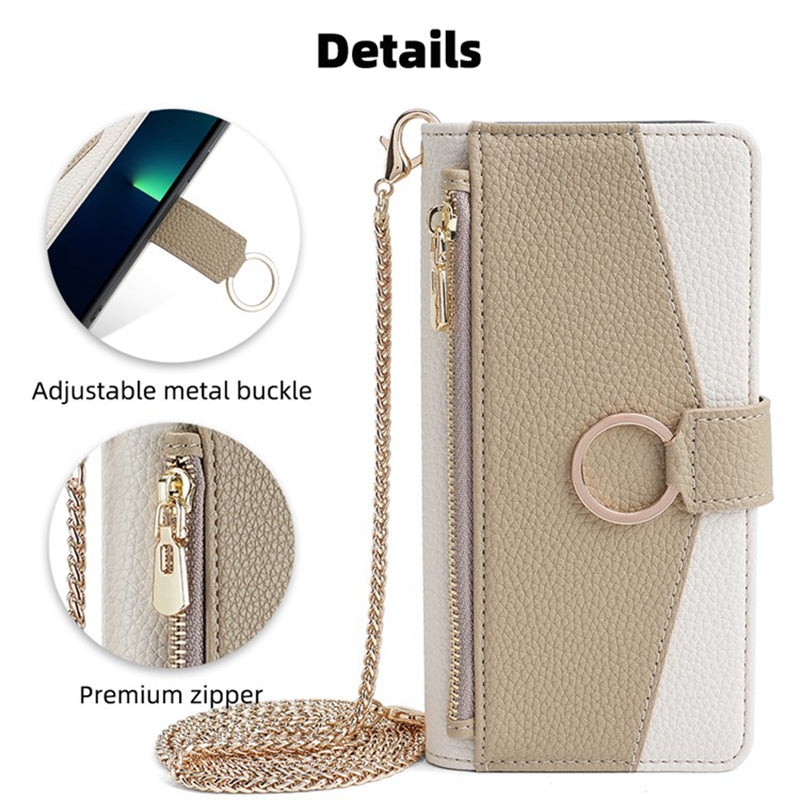 For vivo Y16 4G / Y02s 4G Case Wallet Phone Leather Cover with Chain Shoulder Strap - White