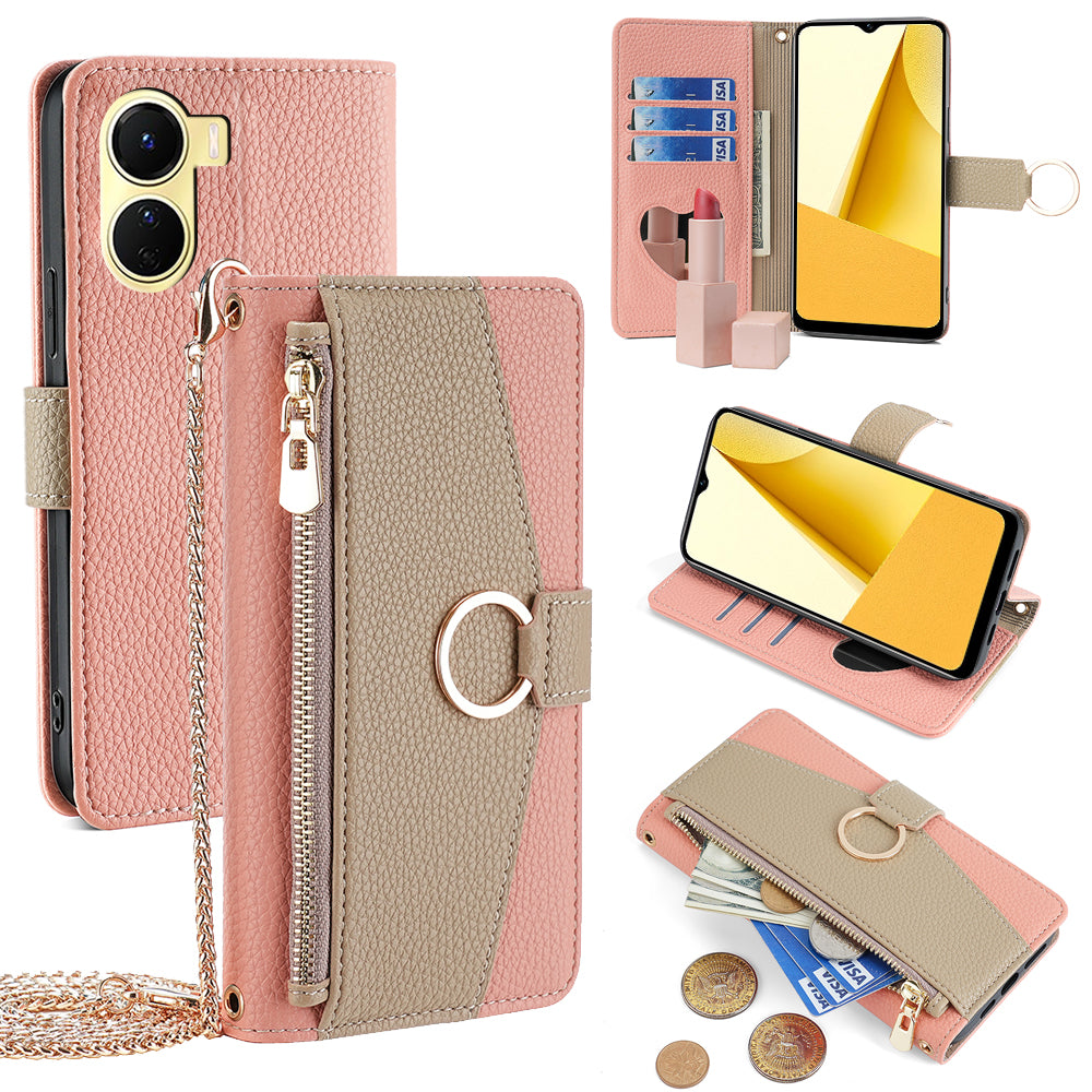 For vivo Y16 4G / Y02s 4G Case Wallet Phone Leather Cover with Chain Shoulder Strap - Pink