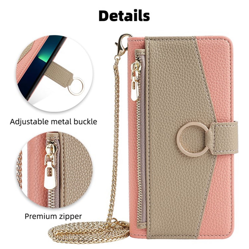 For vivo Y16 4G / Y02s 4G Case Wallet Phone Leather Cover with Chain Shoulder Strap - Pink