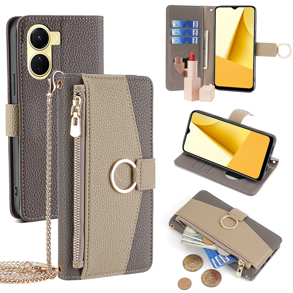 For vivo Y16 4G / Y02s 4G Case Wallet Phone Leather Cover with Chain Shoulder Strap - Grey