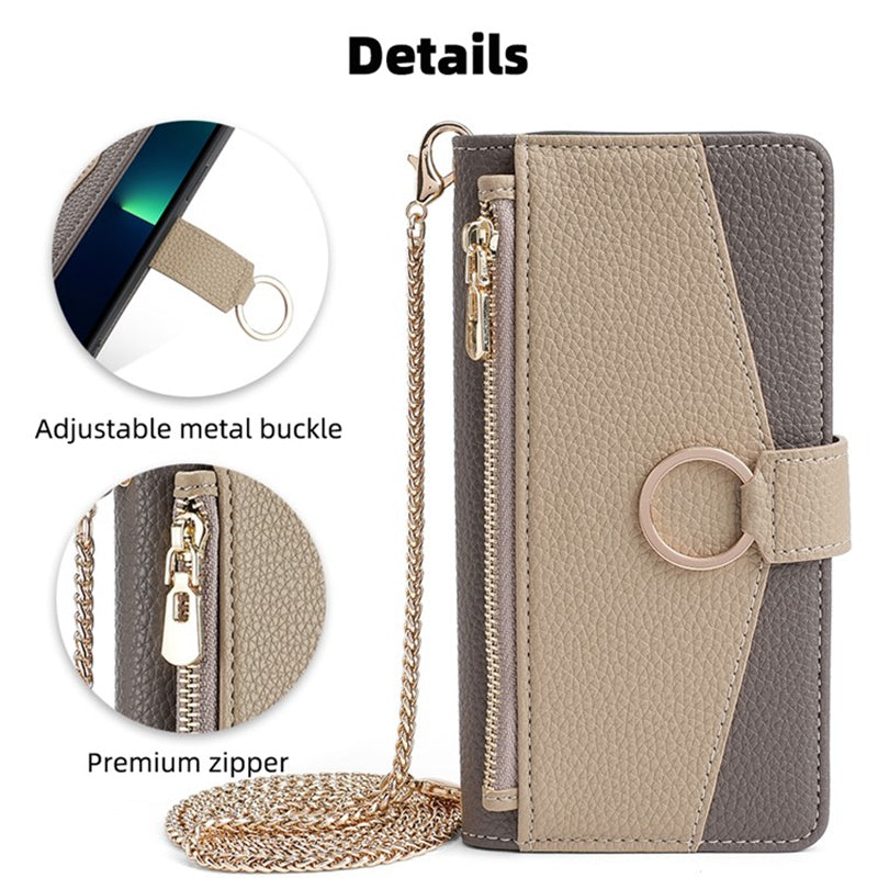 For vivo Y16 4G / Y02s 4G Case Wallet Phone Leather Cover with Chain Shoulder Strap - Grey