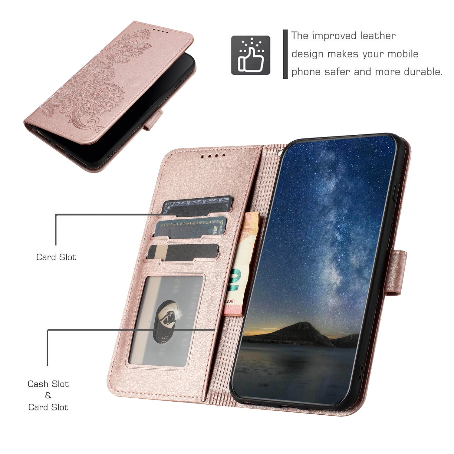 YX0050 For Samsung Galaxy S24 Ultra Case PU Leather Stand Wallet Phone Cover - Rose Gold