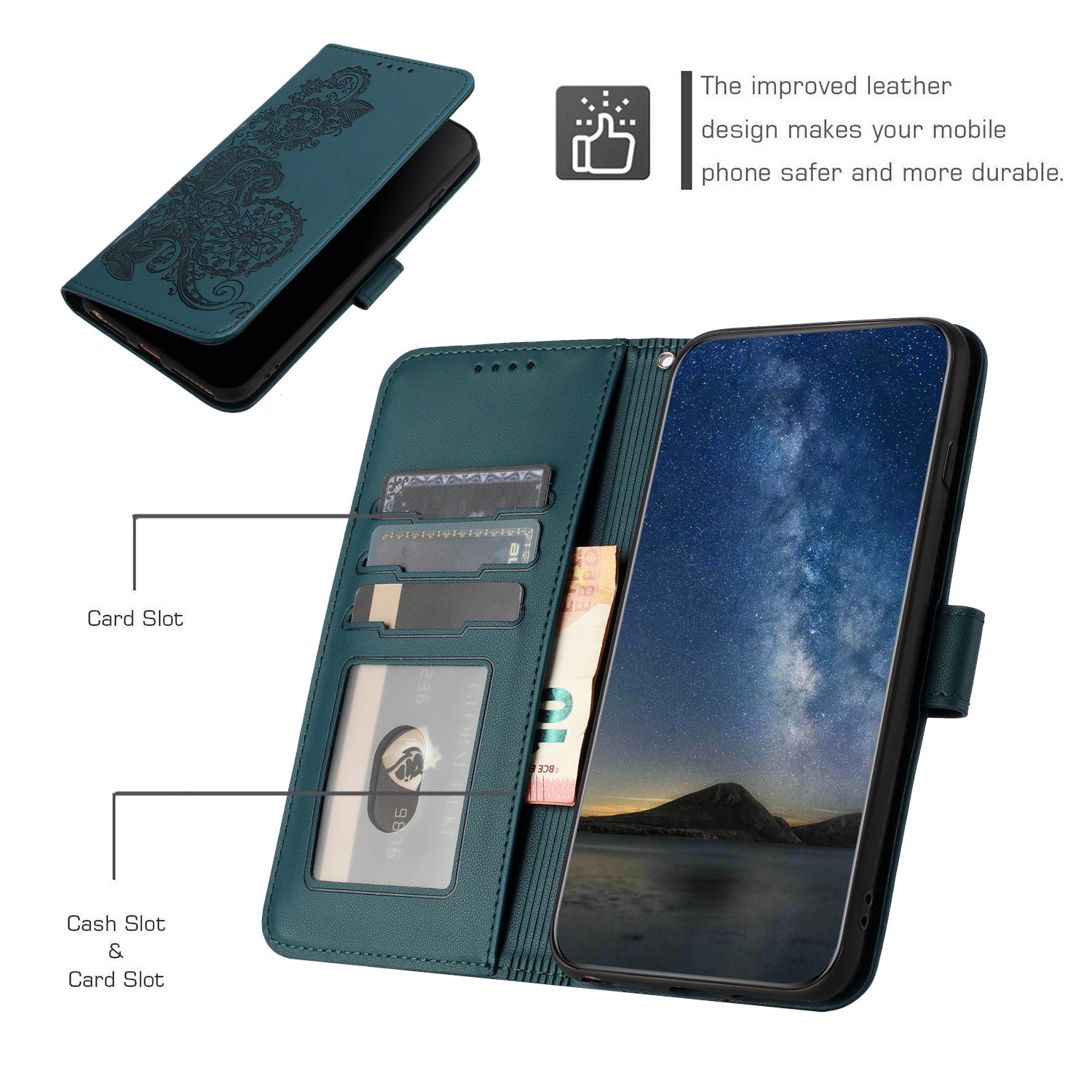 YX0050 For Samsung Galaxy S24 Leather Case Wallet Phone Stand Cover - Blackish Green