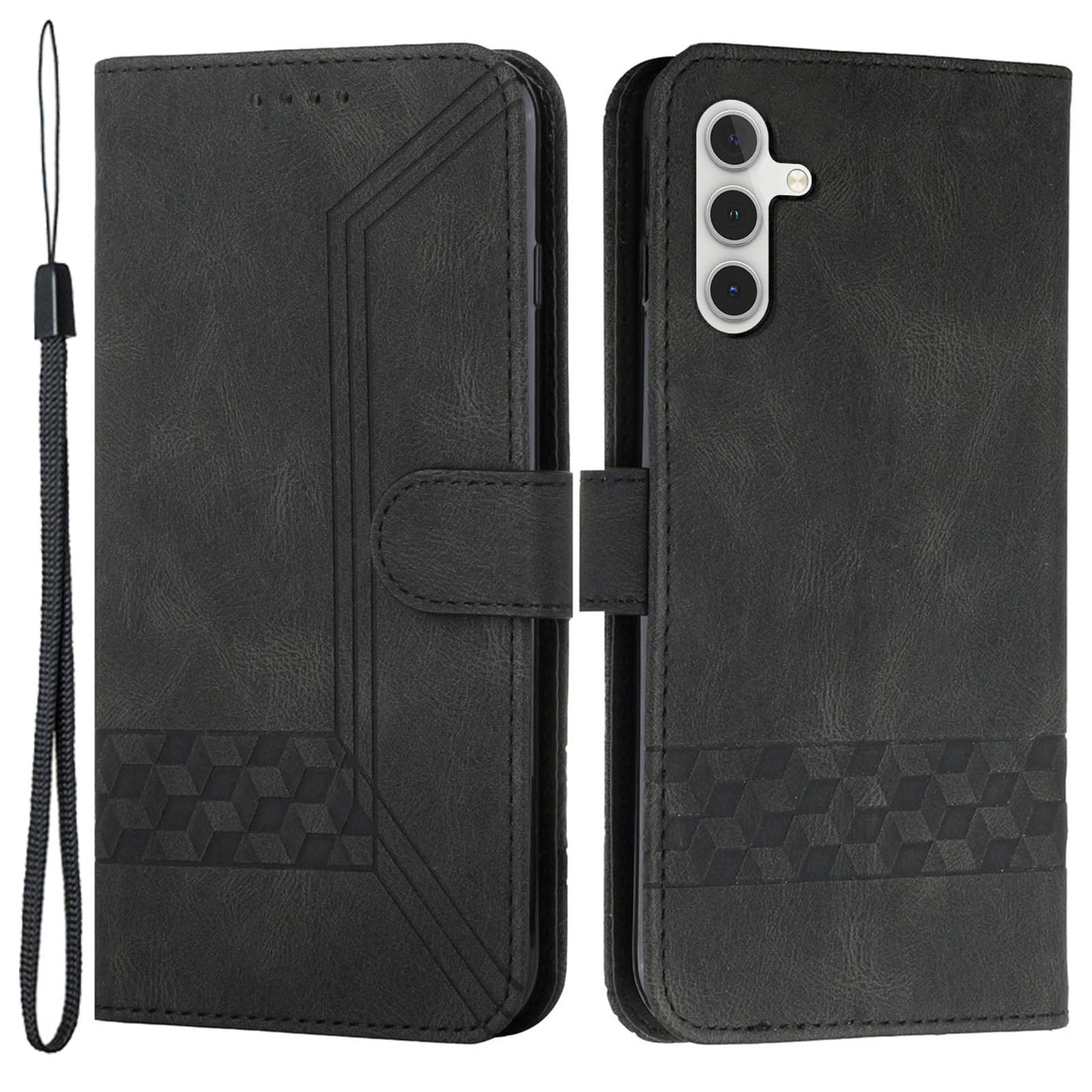 YX0010 Series for Samsung Galaxy S24 Leather Case Rhombus Line Imprinted Wallet Cover - Black