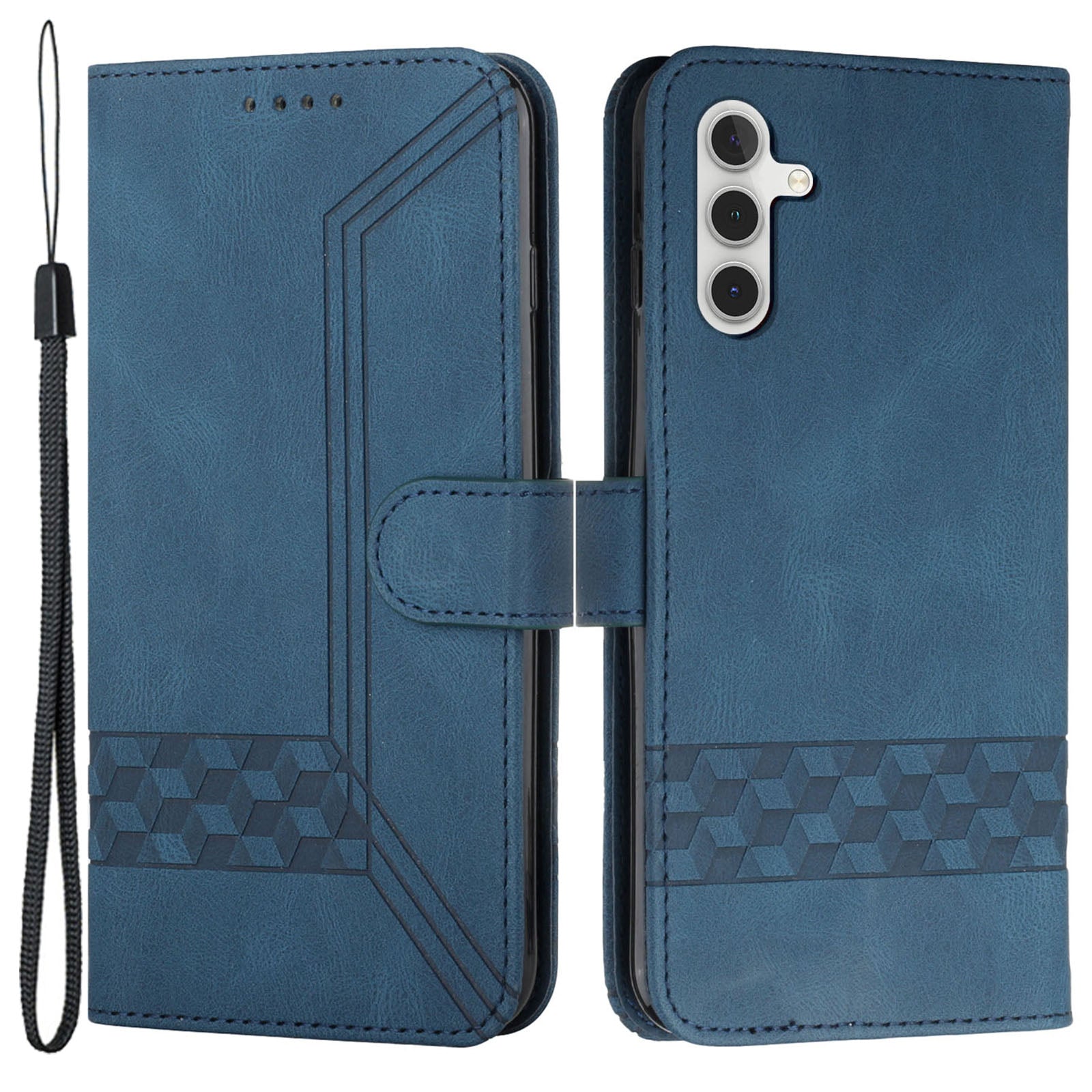 YX0010 Series for Samsung Galaxy S24 Leather Case Rhombus Line Imprinted Wallet Cover - Sapphire