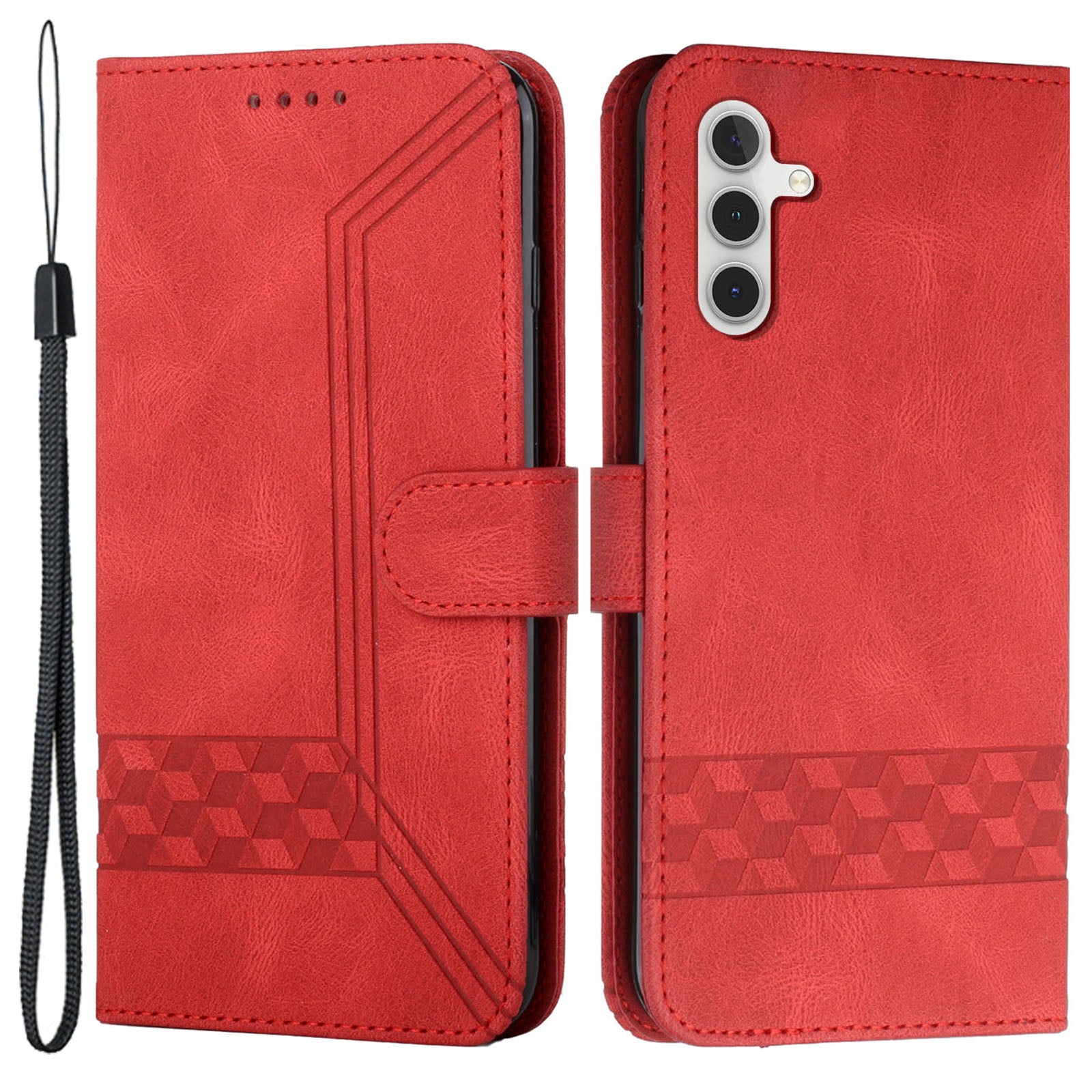 YX0010 Series for Samsung Galaxy S24 Leather Case Rhombus Line Imprinted Wallet Cover - Red