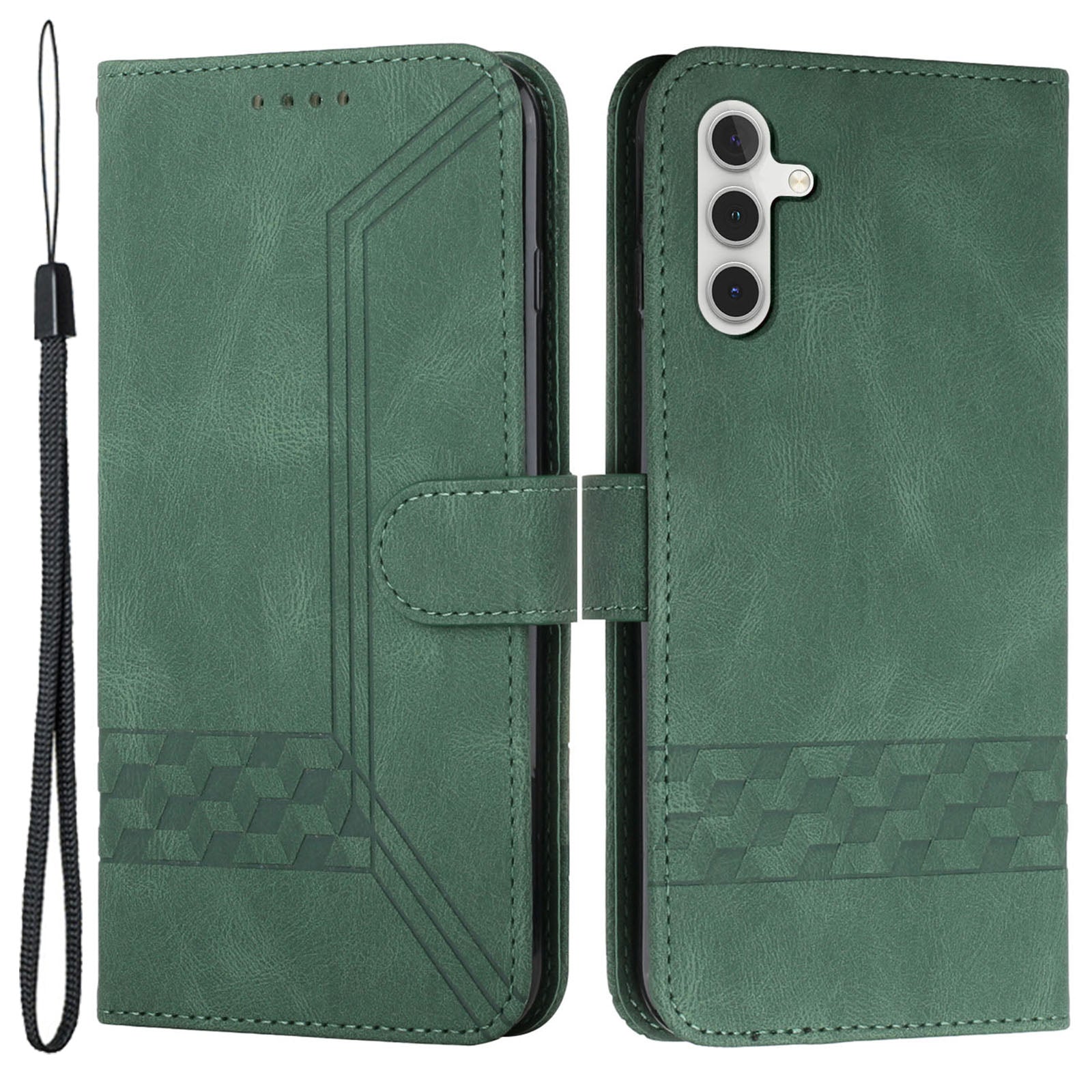 YX0010 Series for Samsung Galaxy S24 Leather Case Rhombus Line Imprinted Wallet Cover - Blackish Green