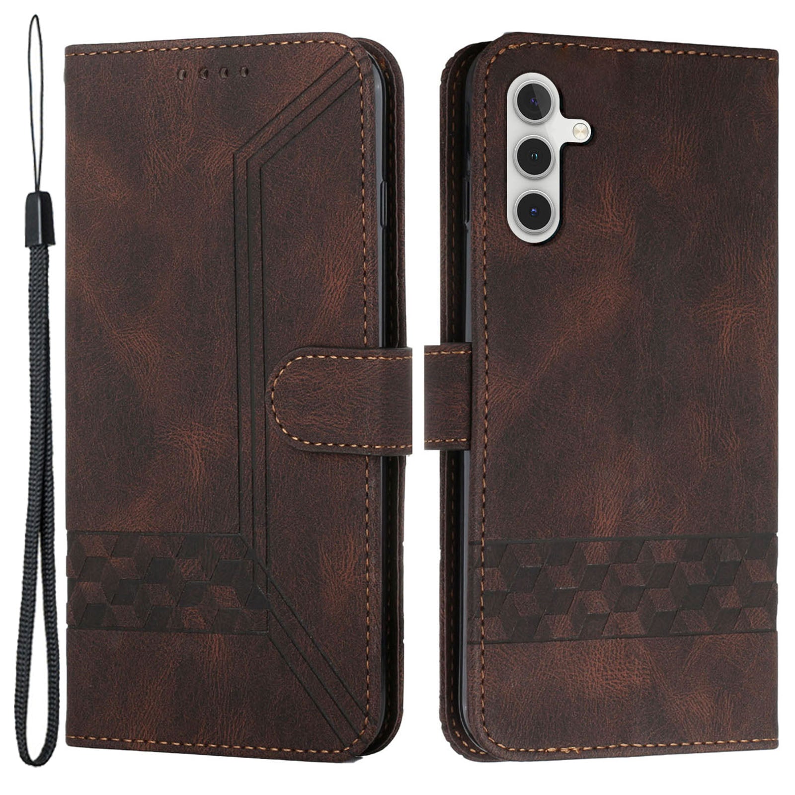 YX0010 Series for Samsung Galaxy S24 Leather Case Rhombus Line Imprinted Wallet Cover - Coffee