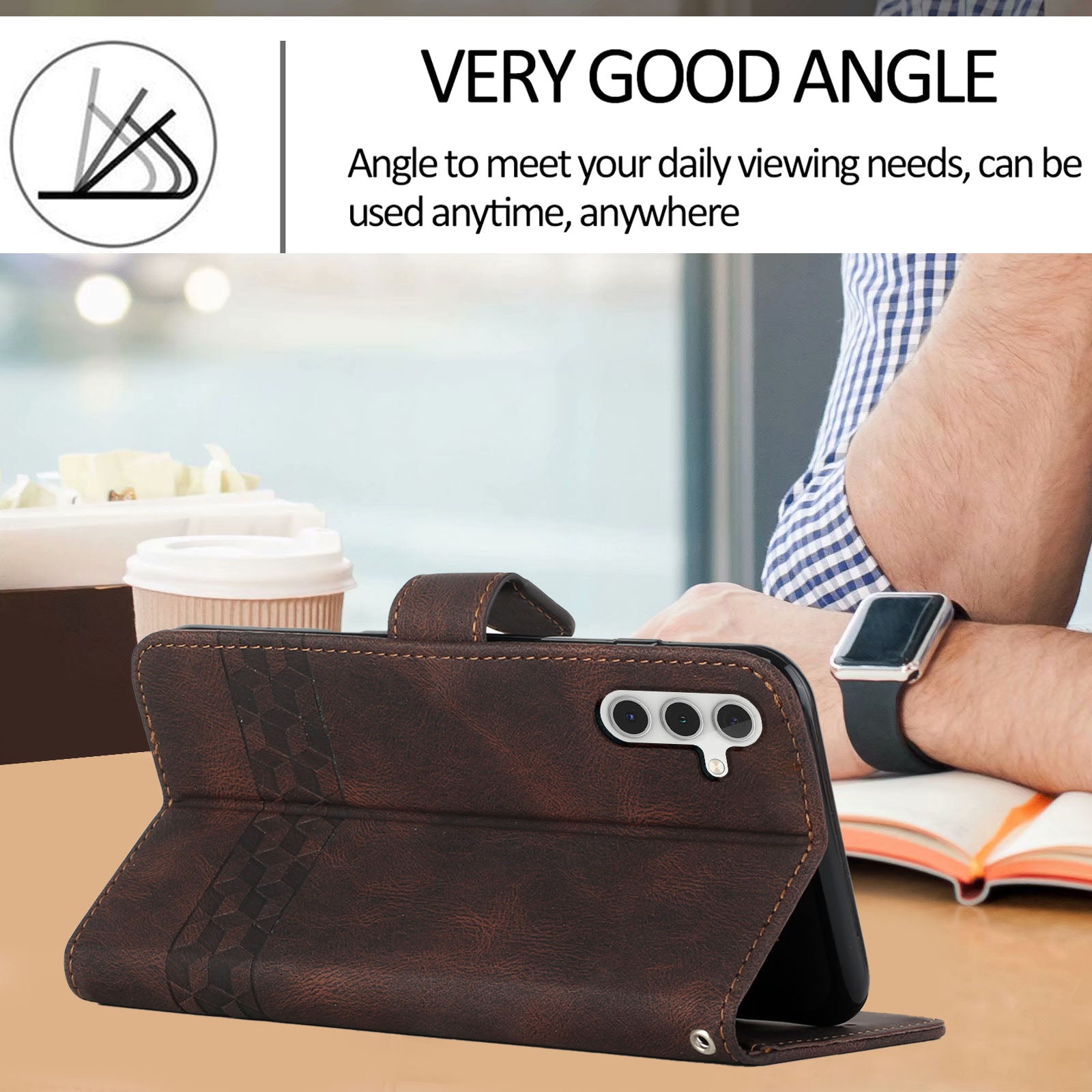 YX0010 Series for Samsung Galaxy S24 Leather Case Rhombus Line Imprinted Wallet Cover - Coffee