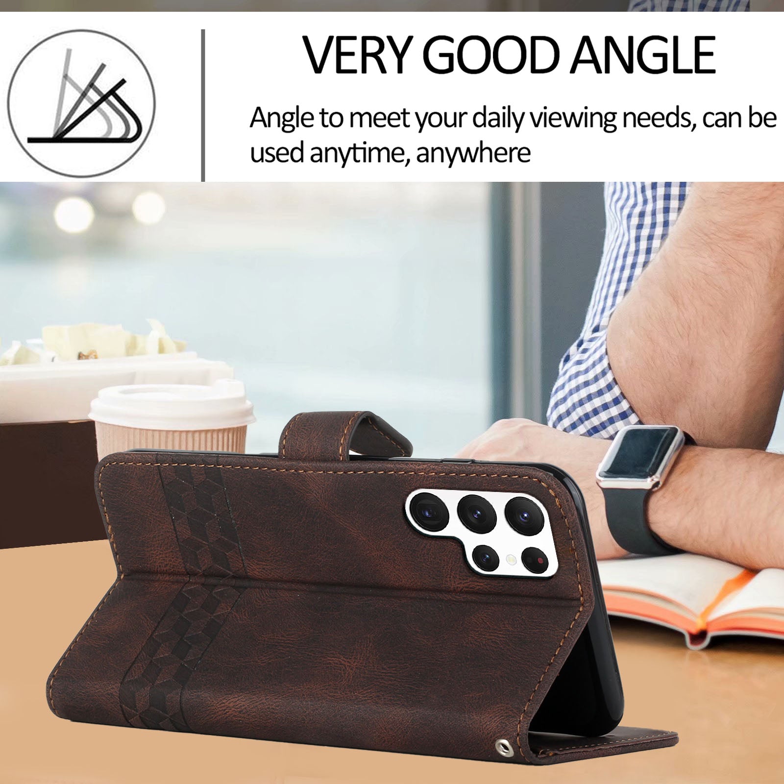 YX0010 Series for Samsung Galaxy S24 Ultra Case Rhombus Line Leather Phone Cover - Coffee