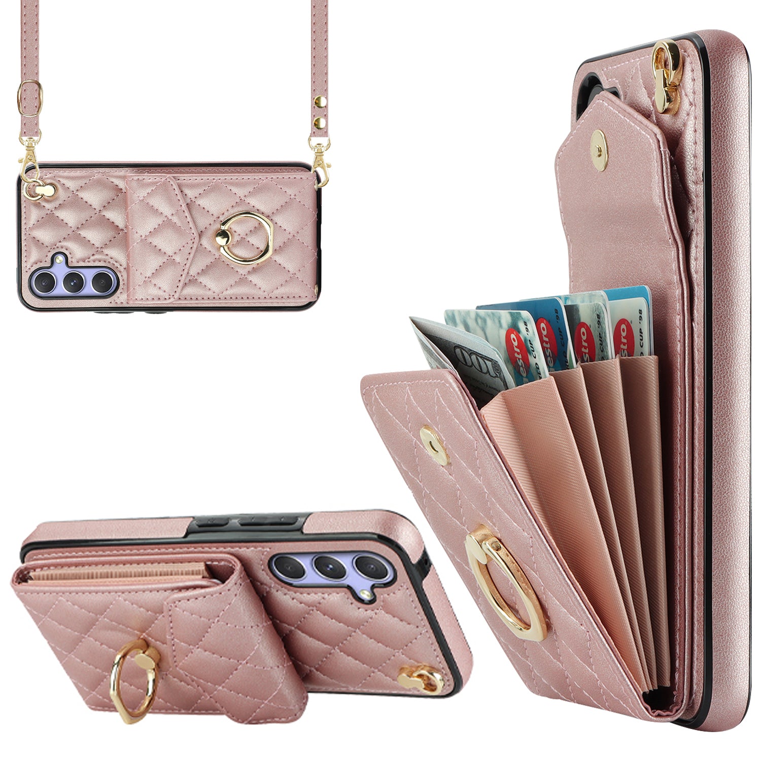 For Samsung Galaxy S24 Case Card Bag Leather+TPU Crossbody Cover with Ring Kickstand - Rose Gold