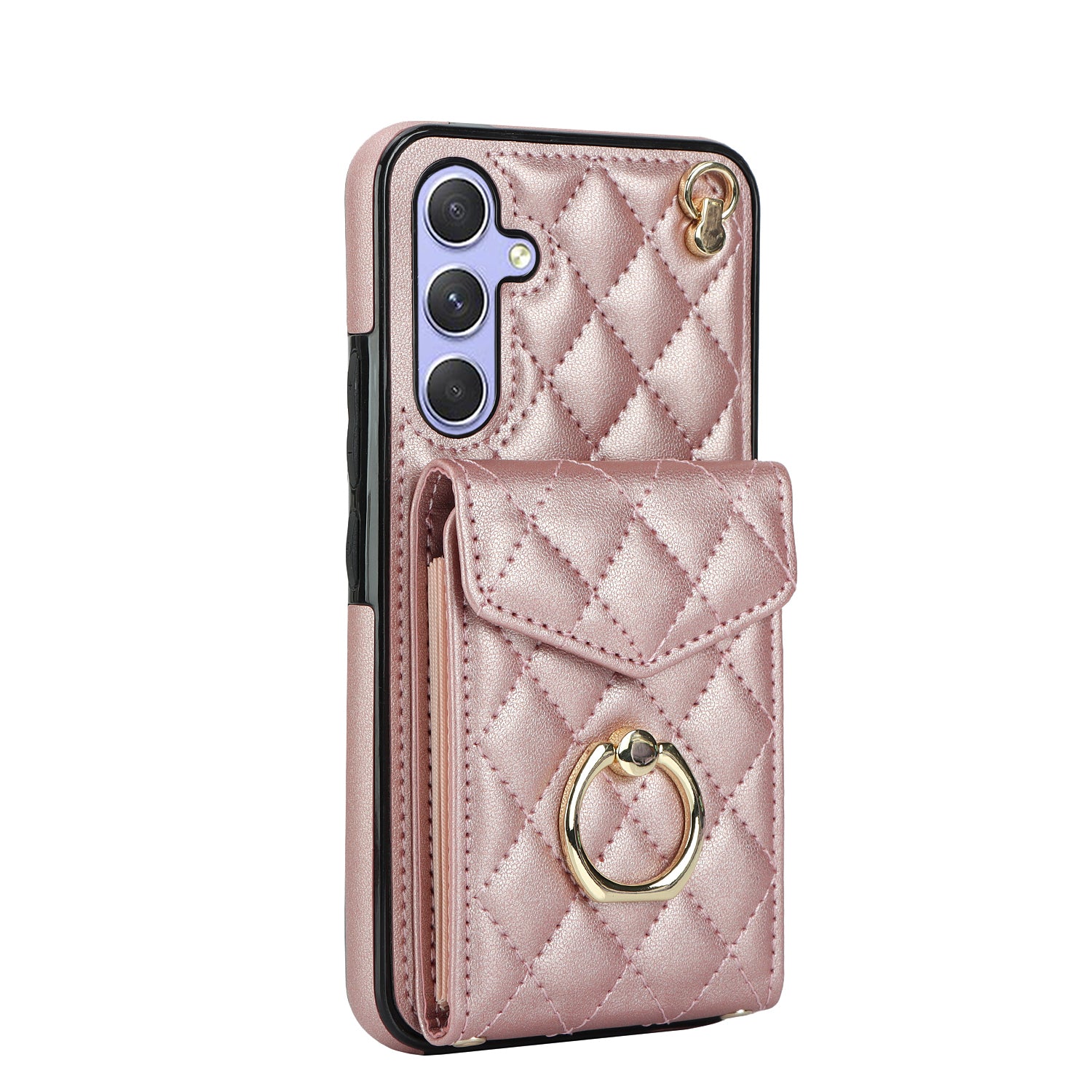 For Samsung Galaxy S24 Case Card Bag Leather+TPU Crossbody Cover with Ring Kickstand - Rose Gold