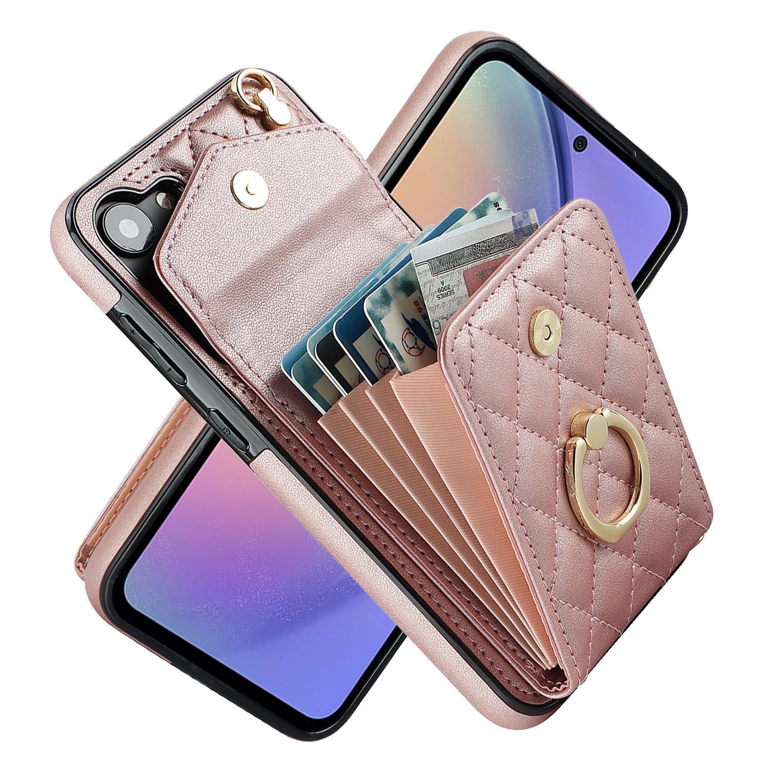 For Samsung Galaxy S24 Case Card Bag Leather+TPU Crossbody Cover with Ring Kickstand - Rose Gold