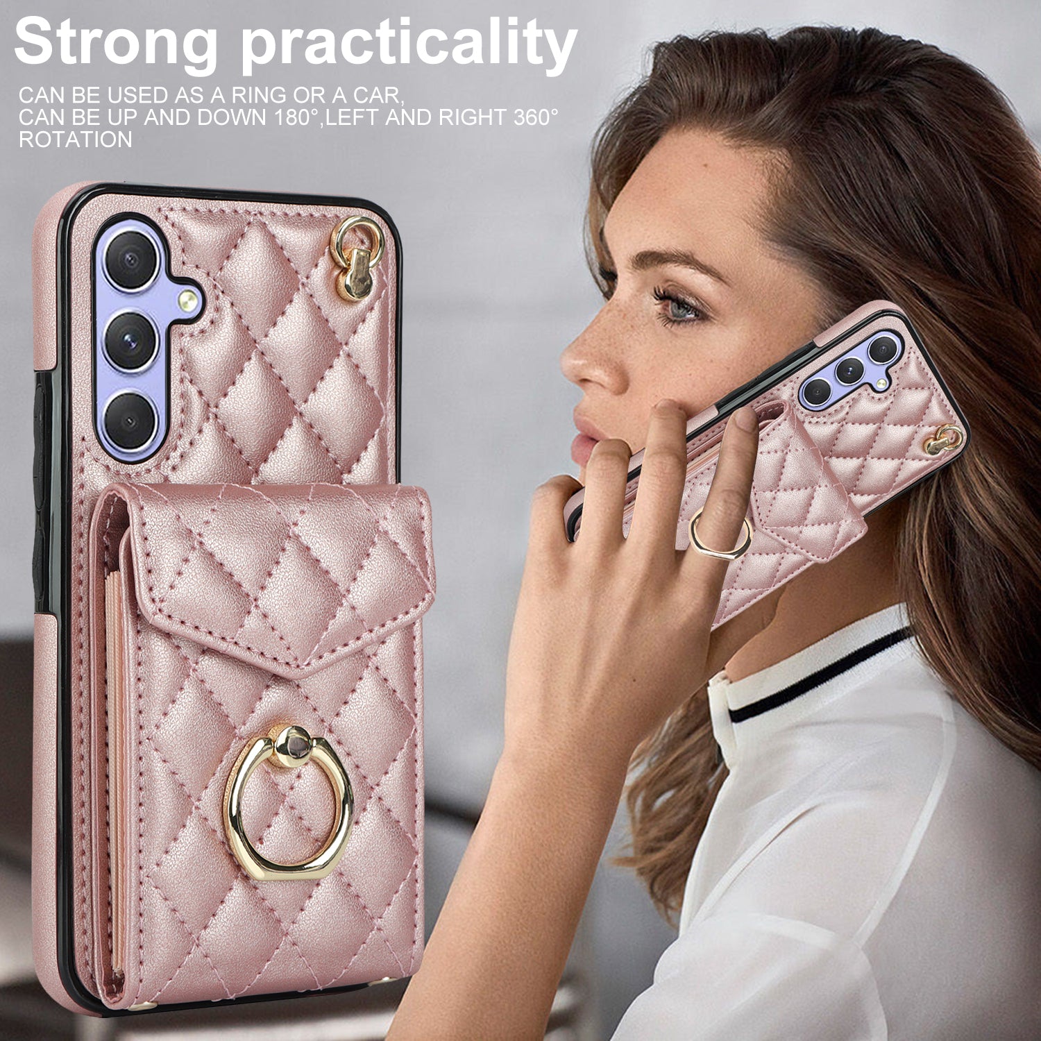 For Samsung Galaxy S24 Case Card Bag Leather+TPU Crossbody Cover with Ring Kickstand - Rose Gold